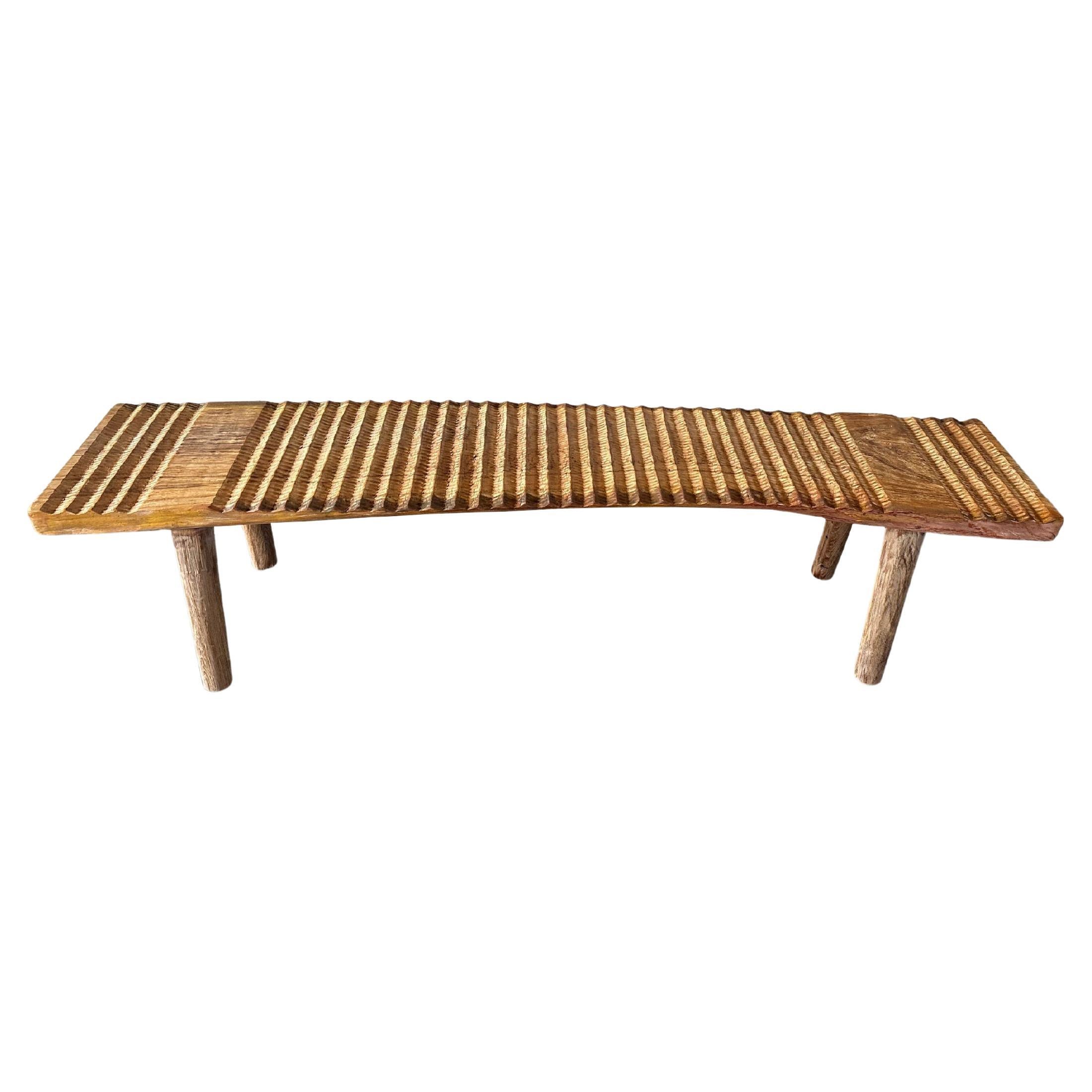 Teak Wood Sculptural Bench, Carved Detailing, Modern Organic For Sale