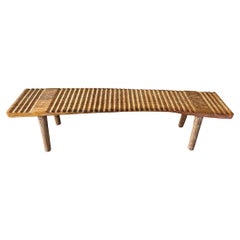 Teak Wood Sculptural Bench, Carved Detailing, Modern Organic