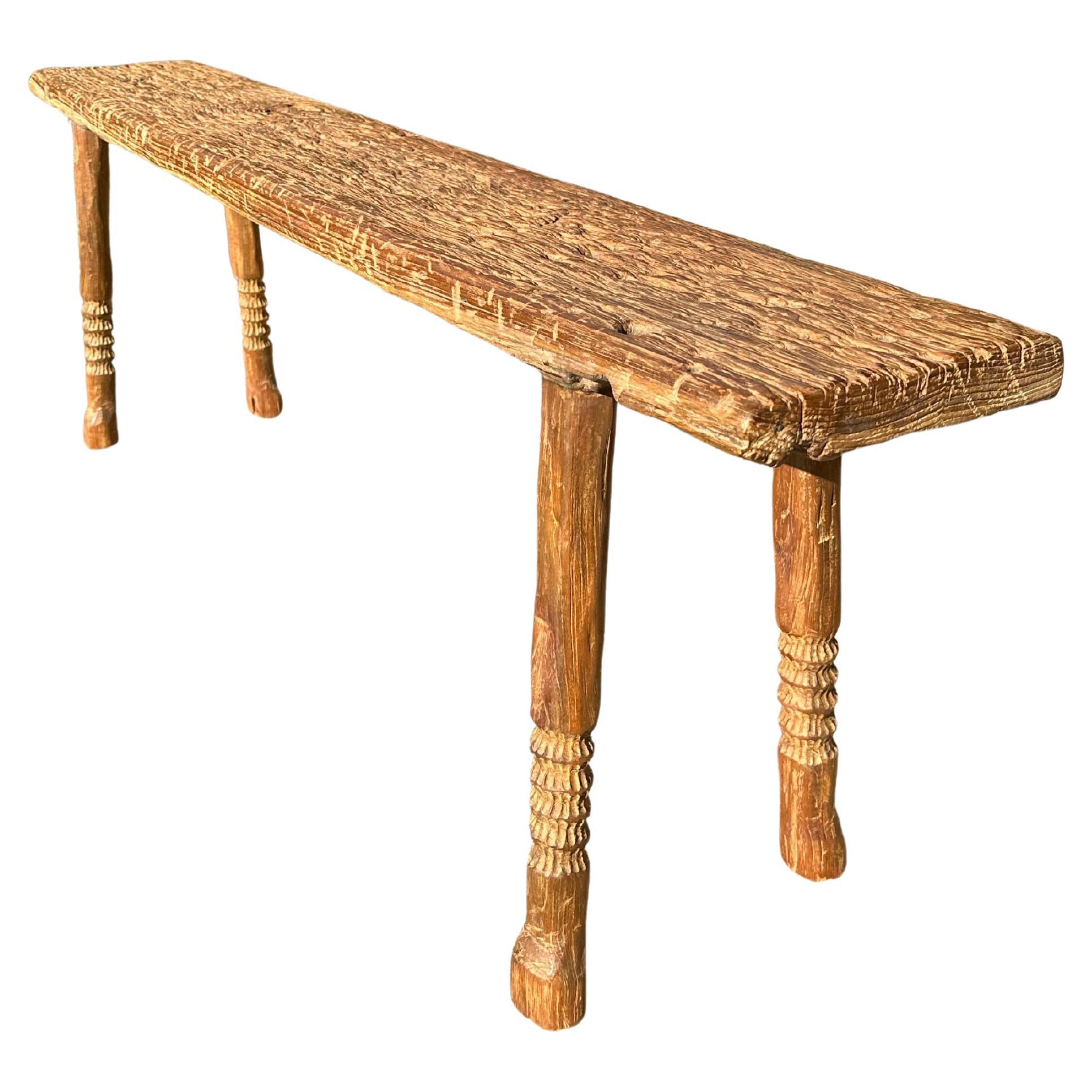 Teak Wood Sculptural Bench, Carved Detailing, Modern Organic