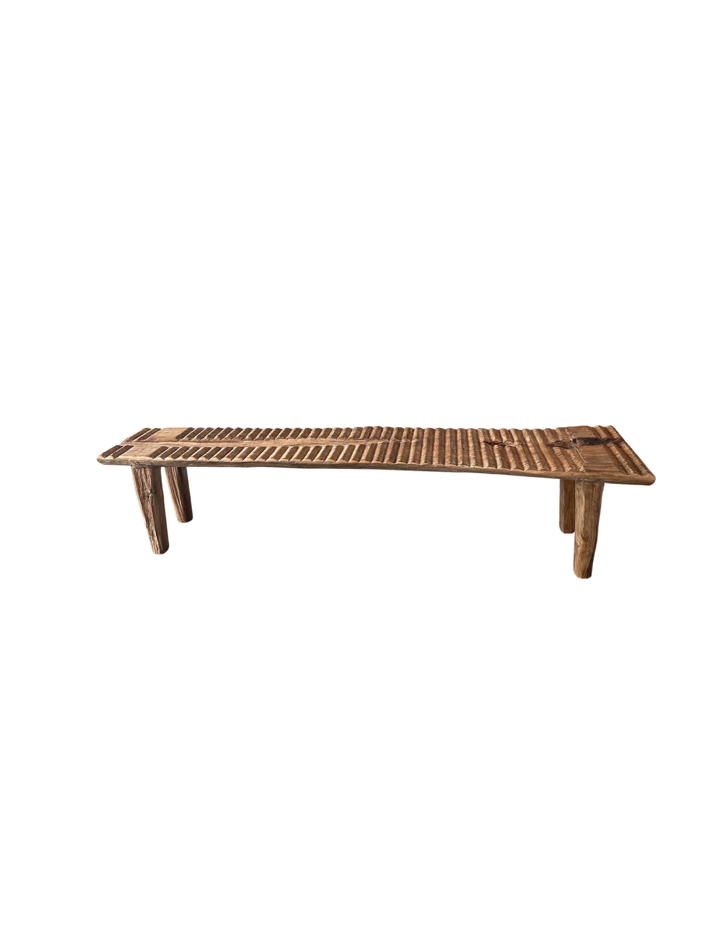 Teak Wood Sculptural Long Bench, Carved Detailing, Modern Organic For Sale 3