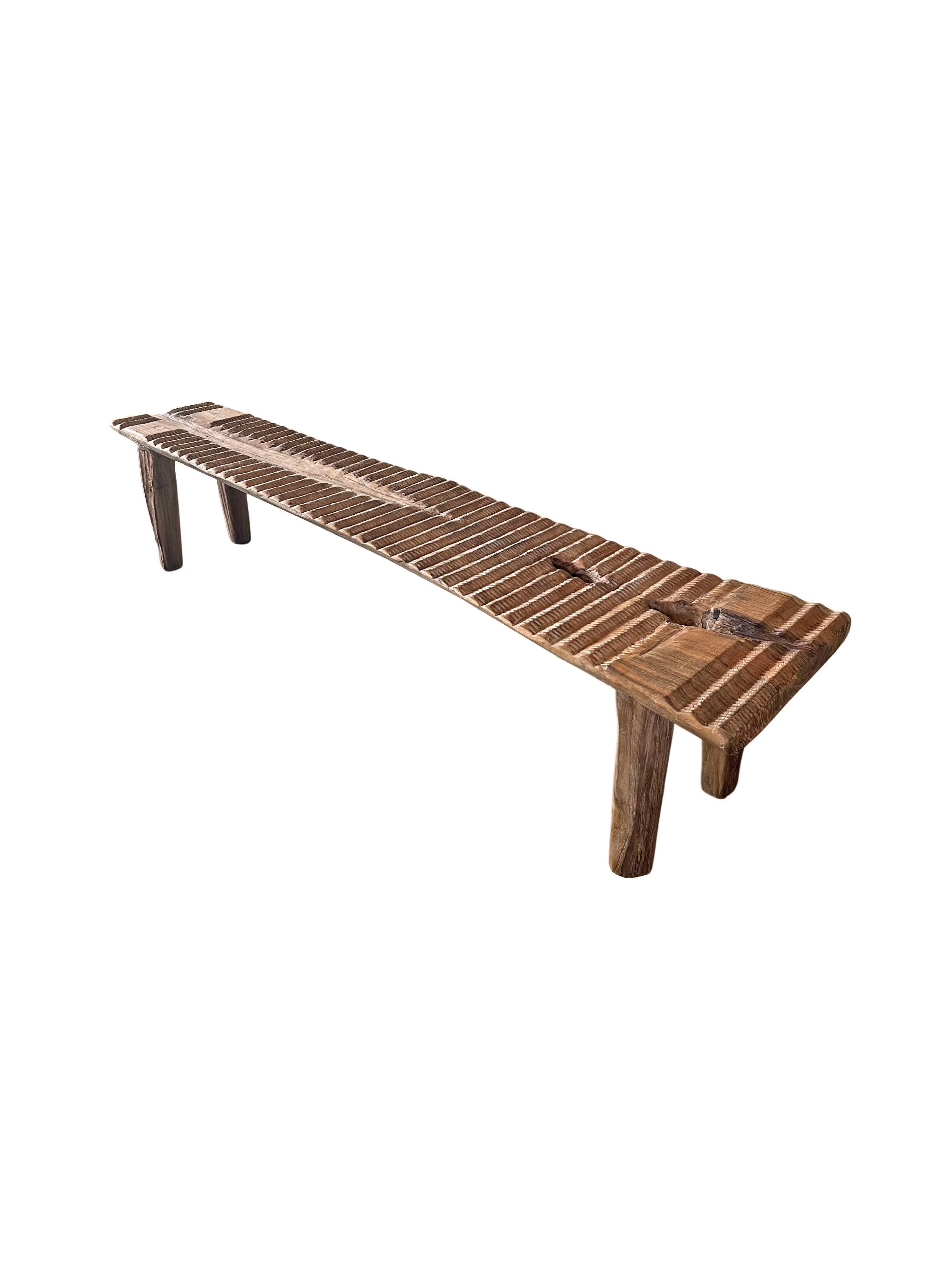 Teak Wood Sculptural Long Bench, Carved Detailing, Modern Organic For Sale 4