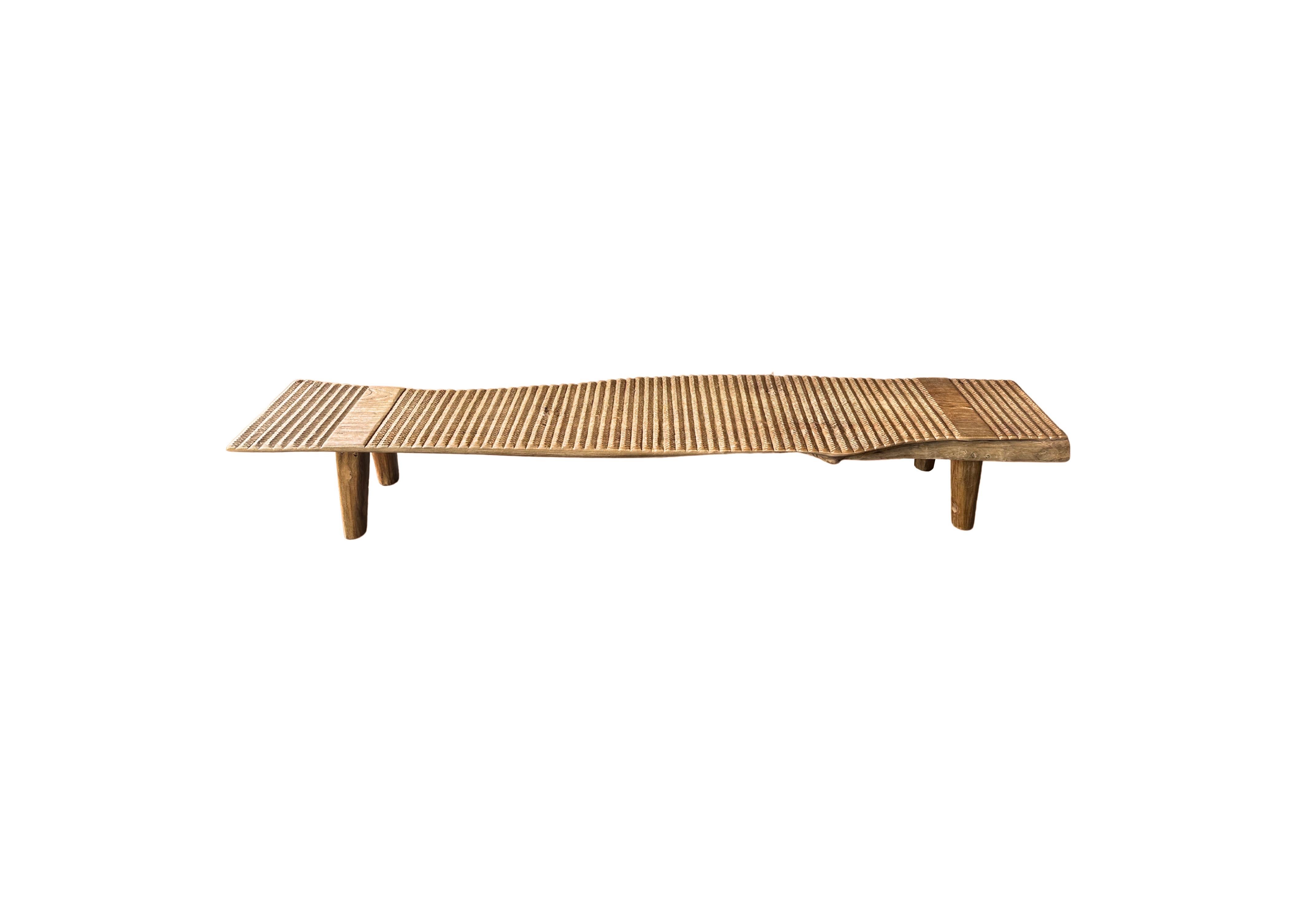 Teak Wood Sculptural Long Bench, Carved Detailing, Modern Organic For Sale 5