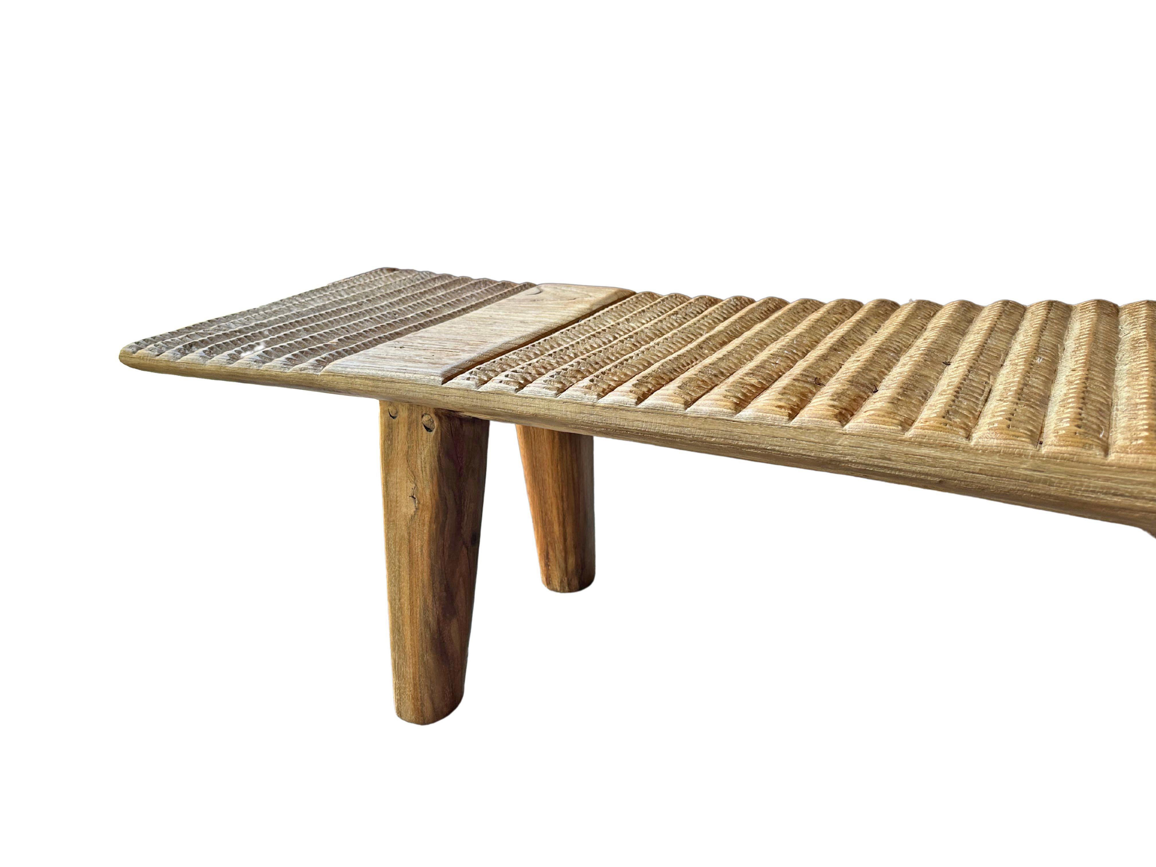 Indonesian Teak Wood Sculptural Long Bench, Carved Detailing, Modern Organic For Sale