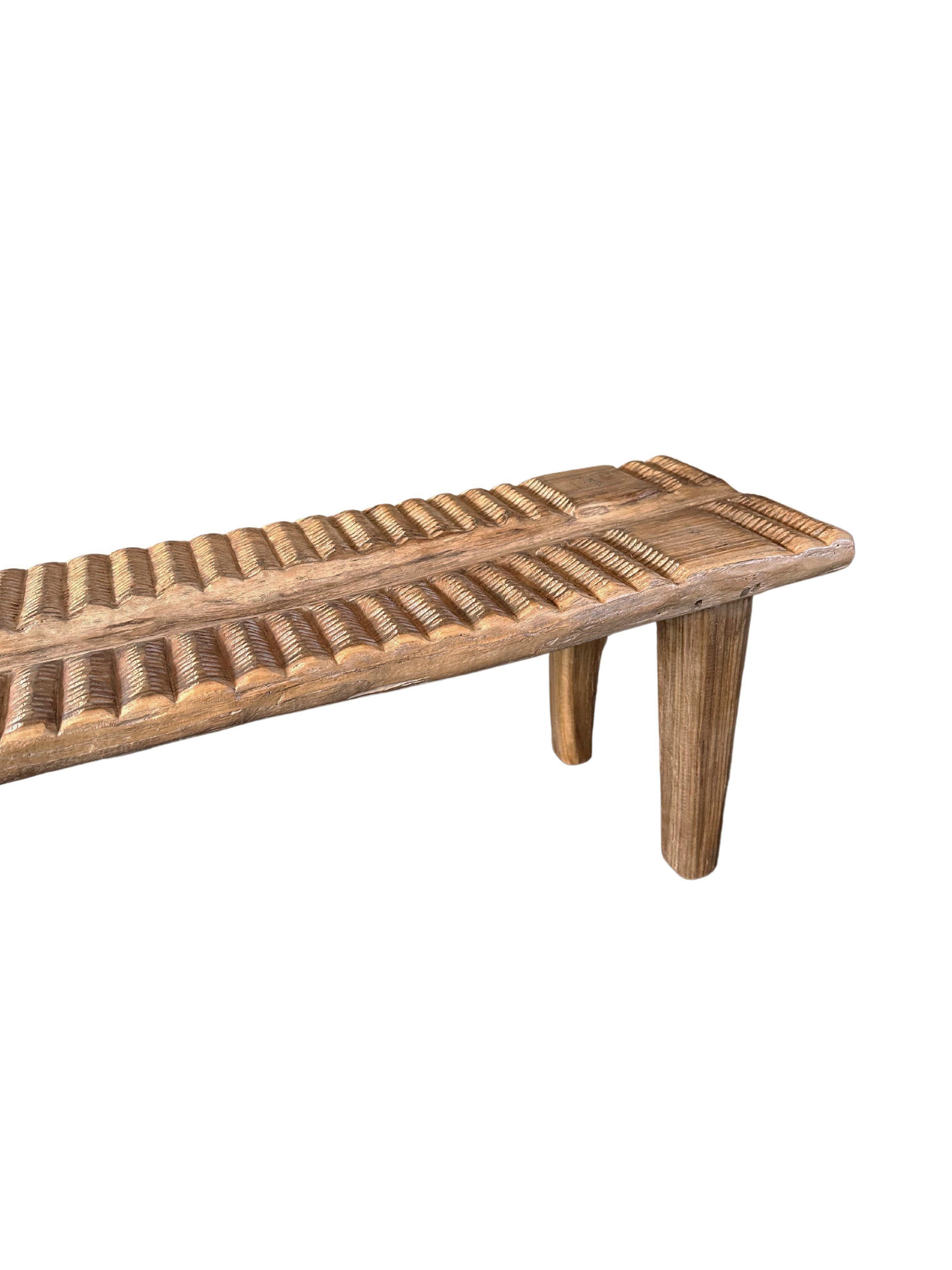 Indonesian Teak Wood Sculptural Long Bench, Carved Detailing, Modern Organic For Sale