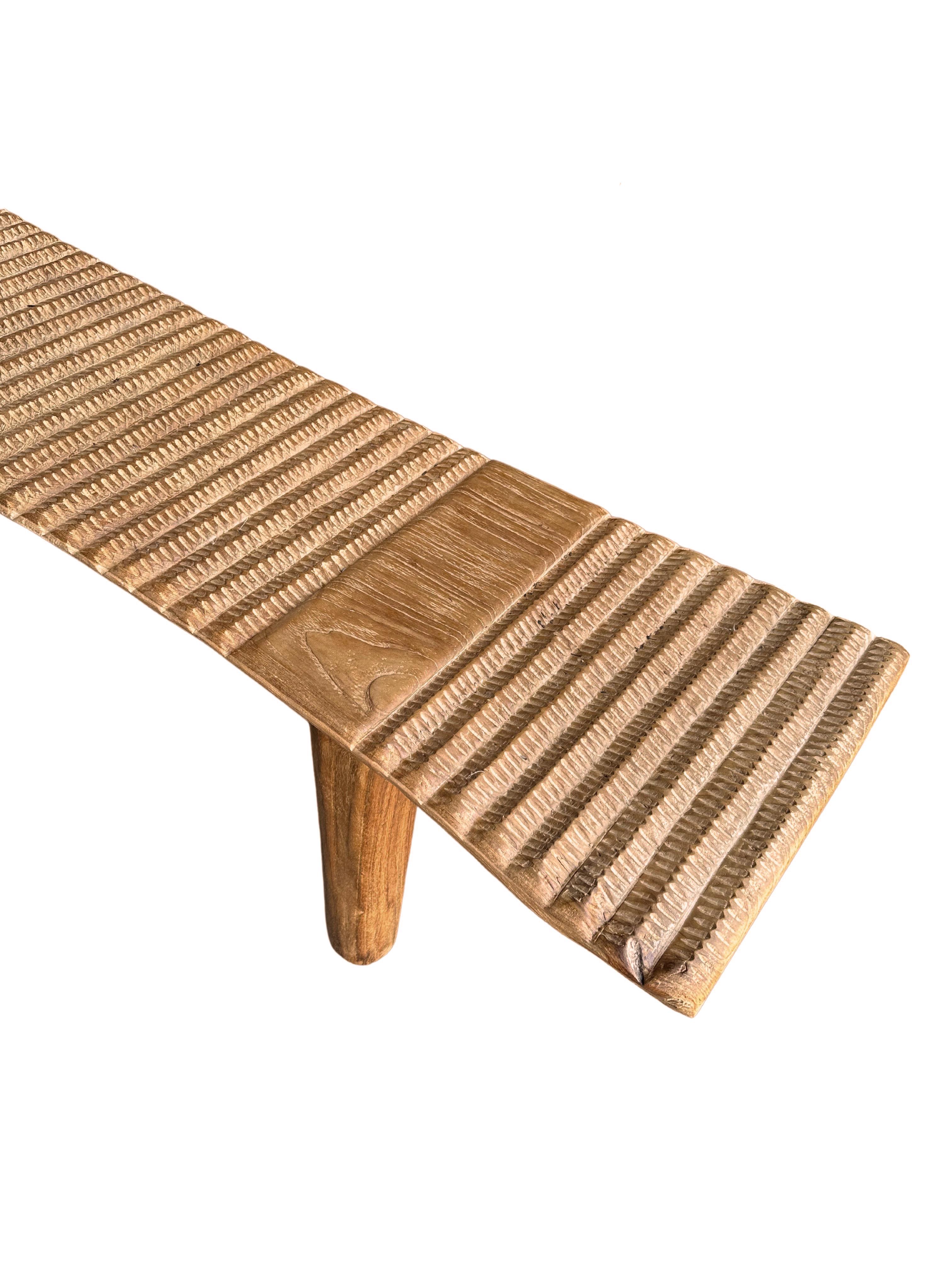 Hand-Carved Teak Wood Sculptural Long Bench, Carved Detailing, Modern Organic For Sale