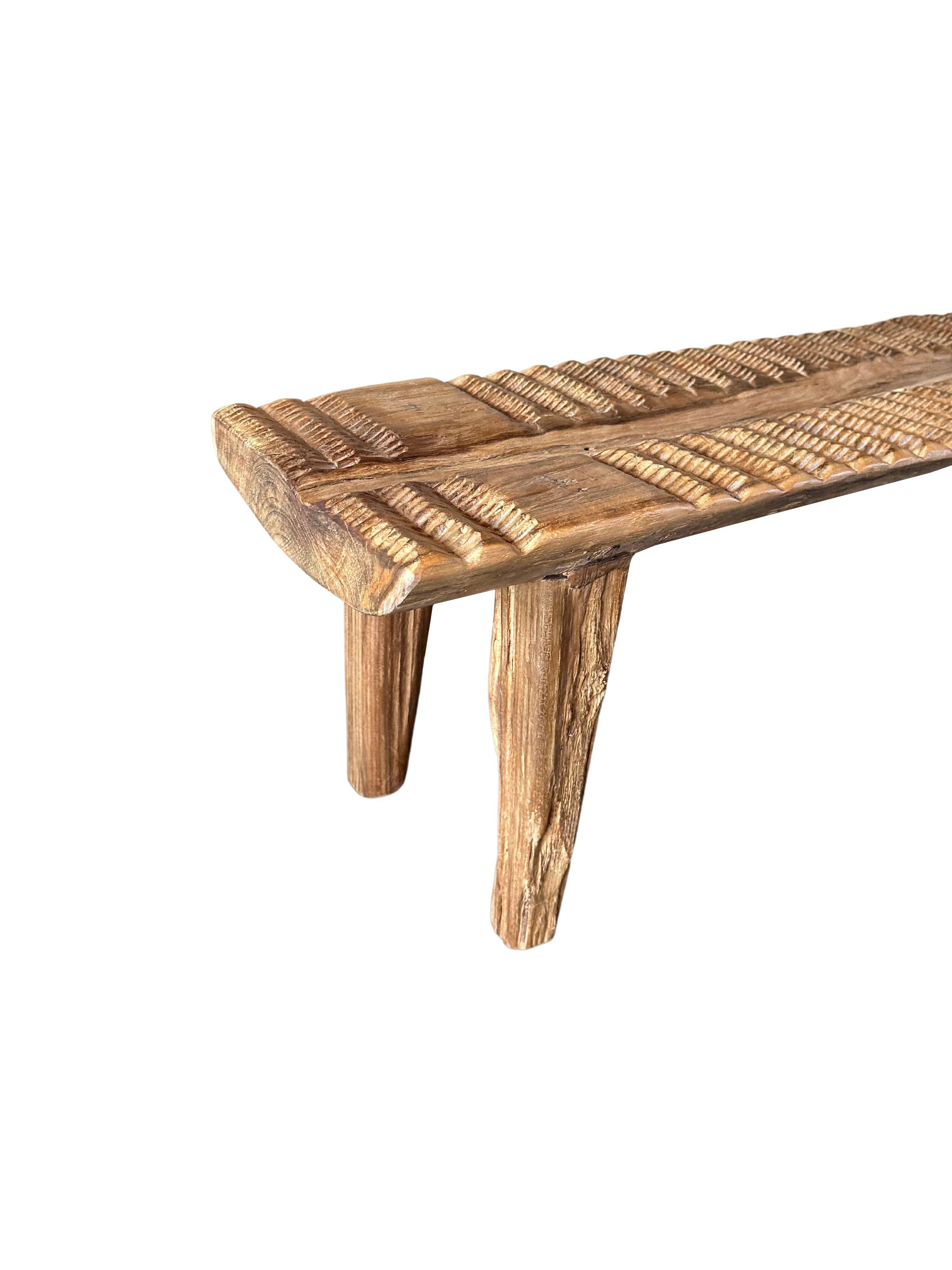 Teak Wood Sculptural Long Bench, Carved Detailing, Modern Organic In Good Condition For Sale In Jimbaran, Bali