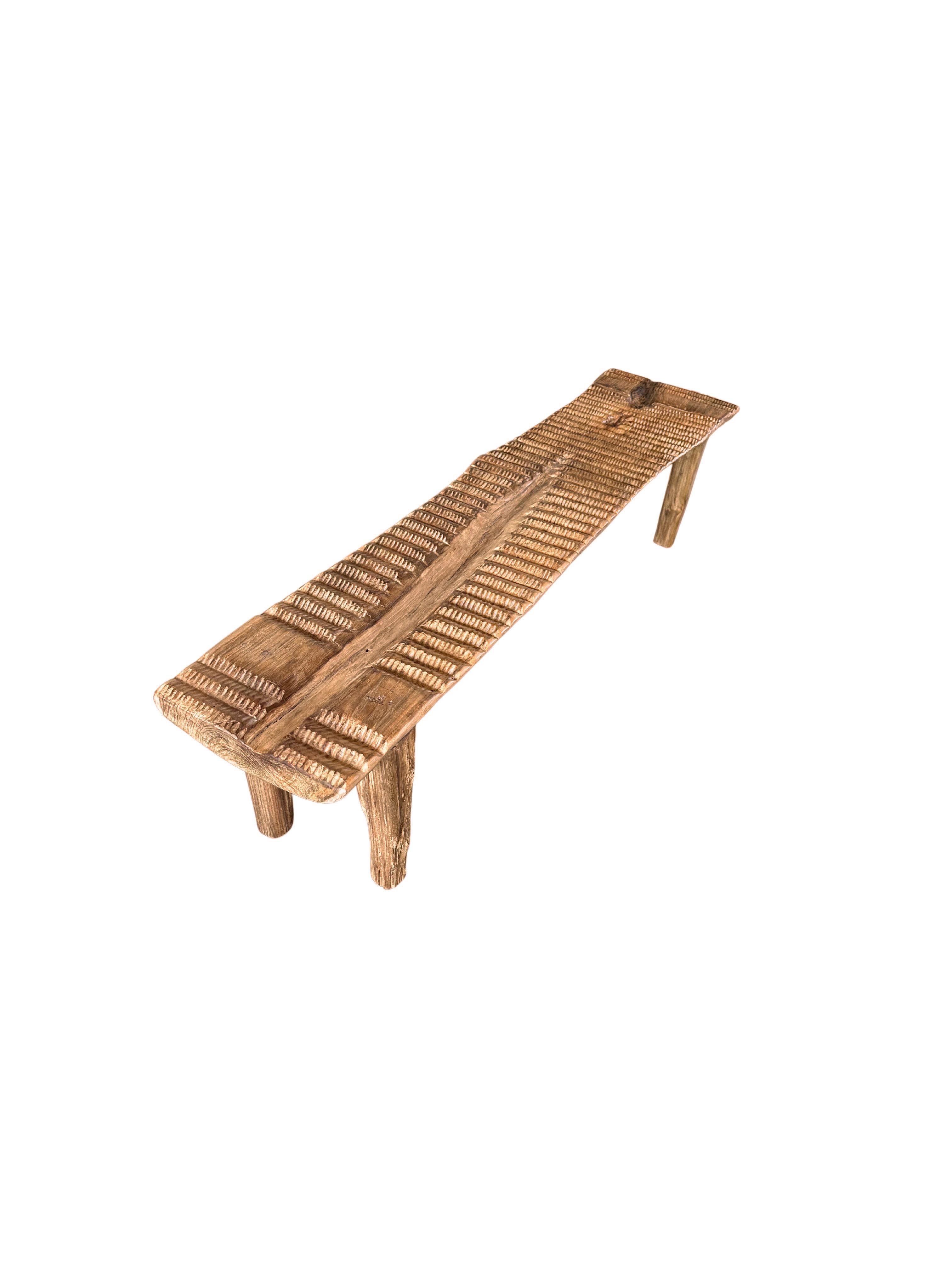 Contemporary Teak Wood Sculptural Long Bench, Carved Detailing, Modern Organic For Sale