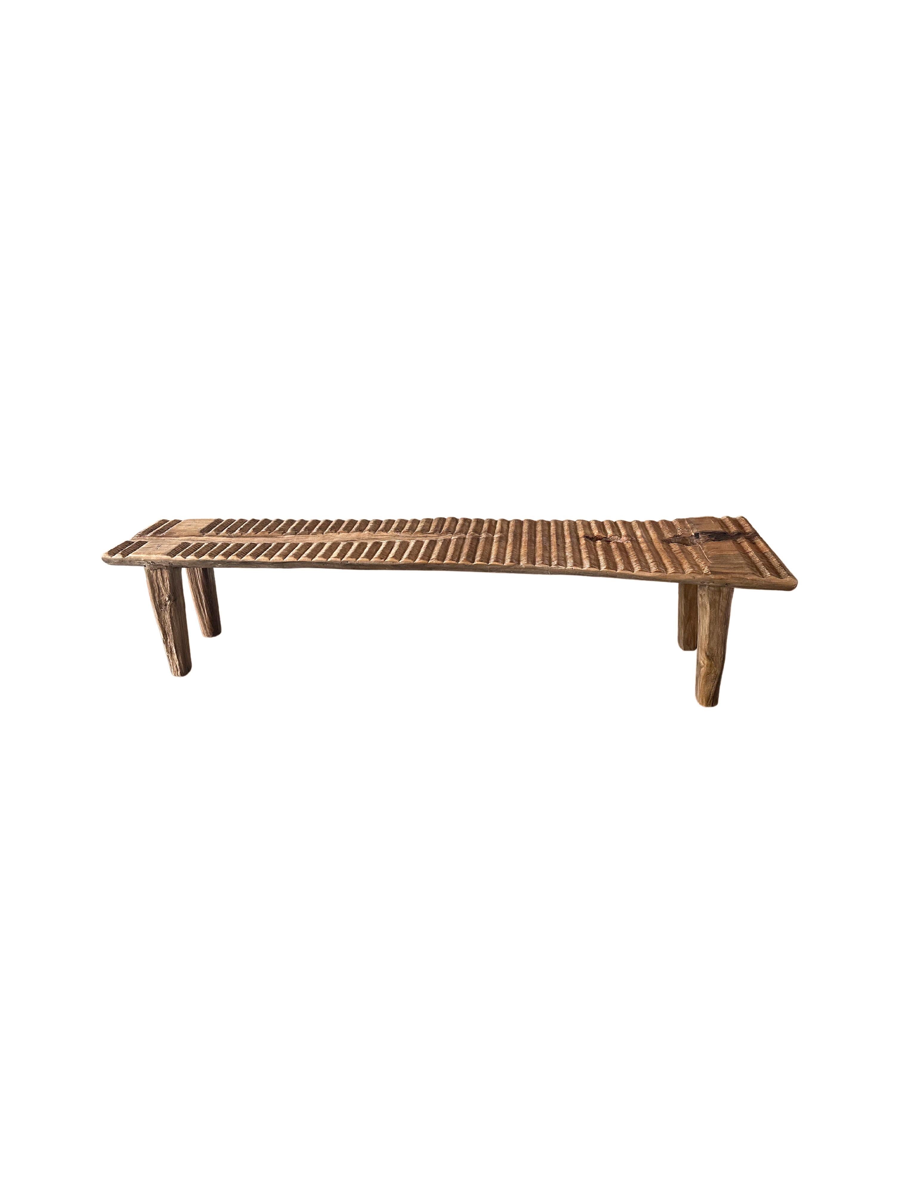 Teak Wood Sculptural Long Bench, Carved Detailing, Modern Organic For Sale 1