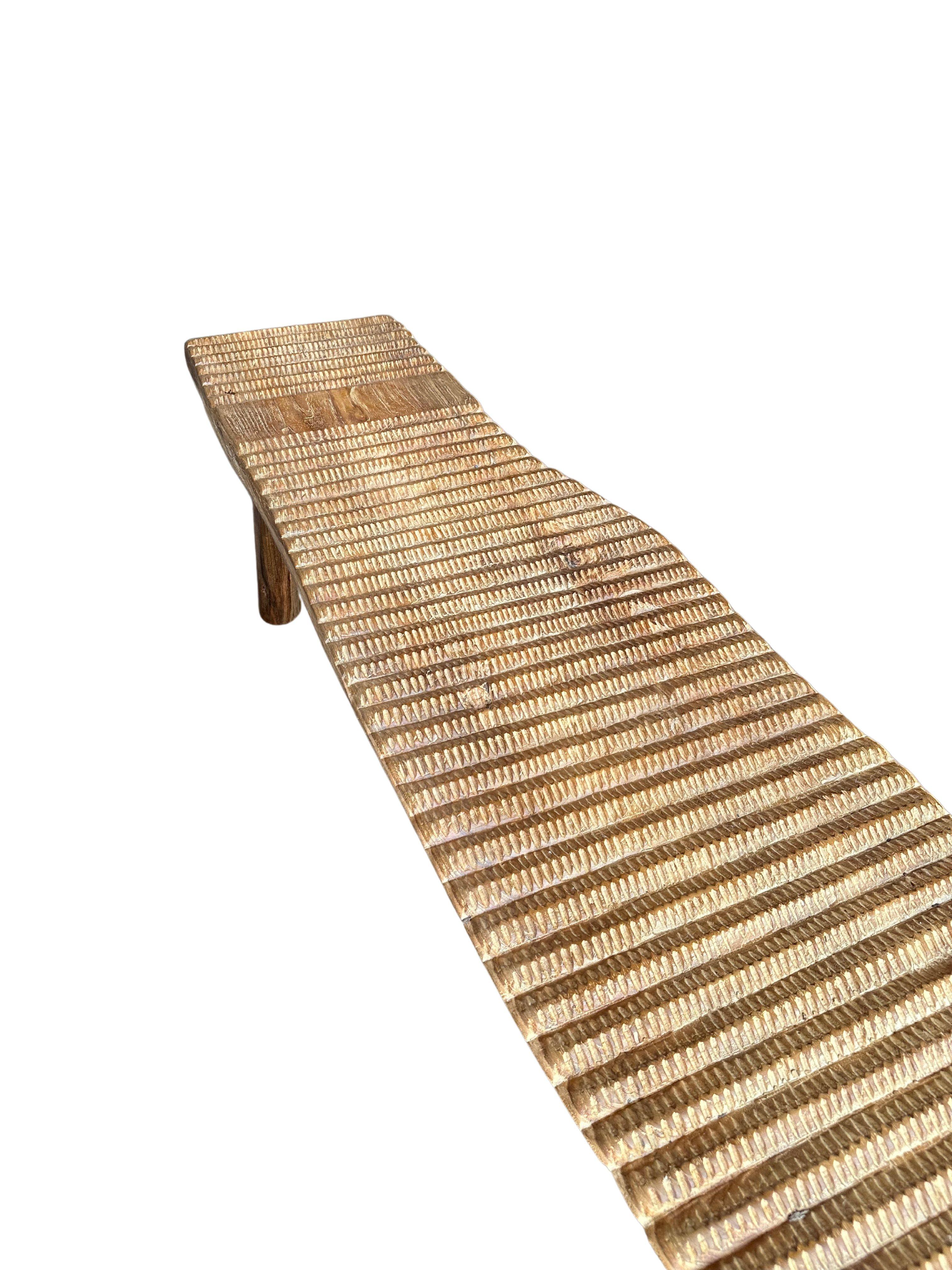 Teak Wood Sculptural Long Bench, Carved Detailing, Modern Organic For Sale 2