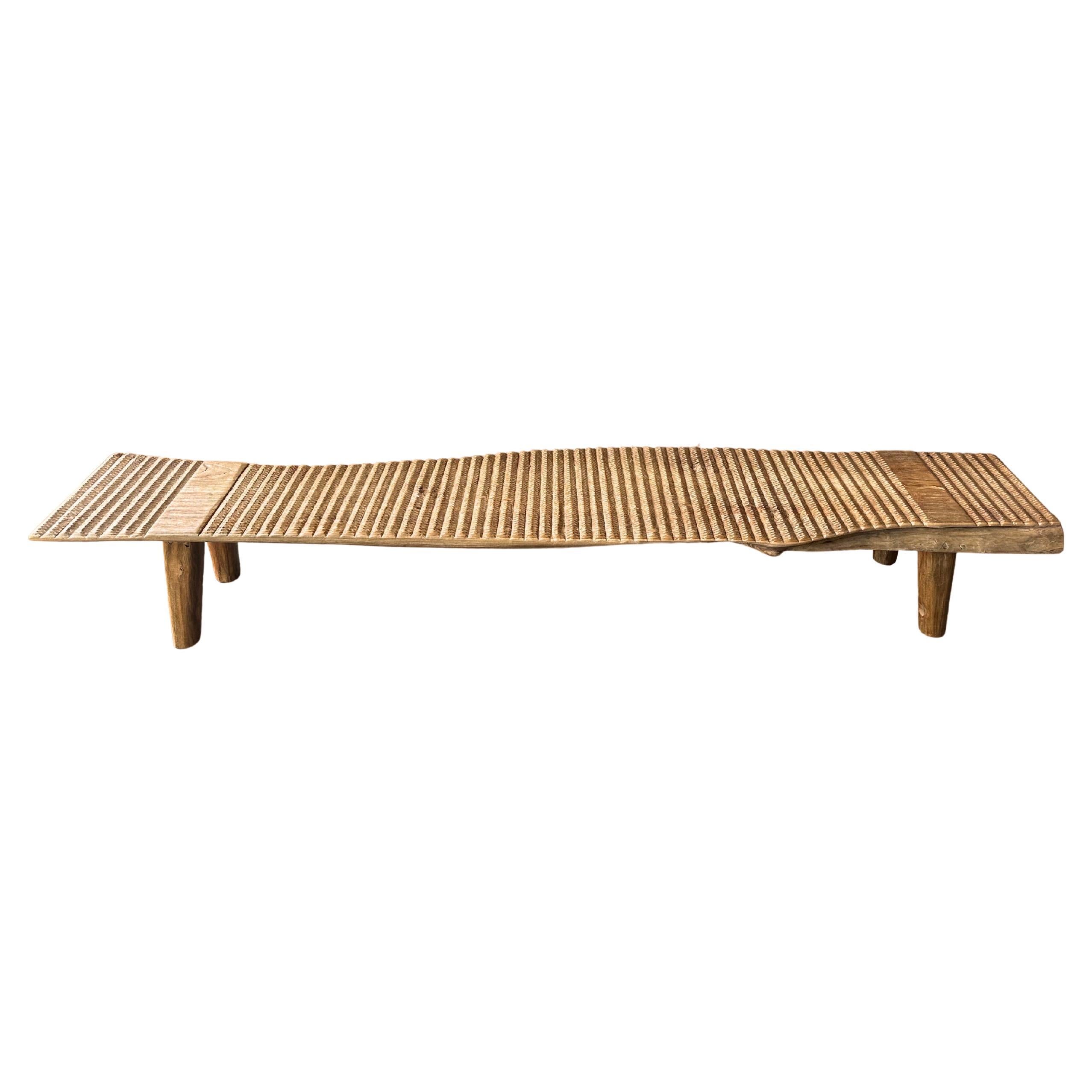 Teak Wood Sculptural Long Bench, Carved Detailing, Modern Organic