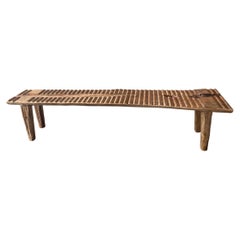 Teak Wood Sculptural Long Bench, Carved Detailing, Modern Organic