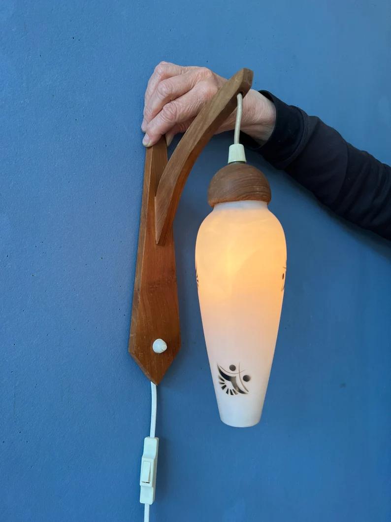 Metal Teak Wood Wall Lamp Danish Opaline Glass Wall Light Mid Century Sconce, 1970s For Sale