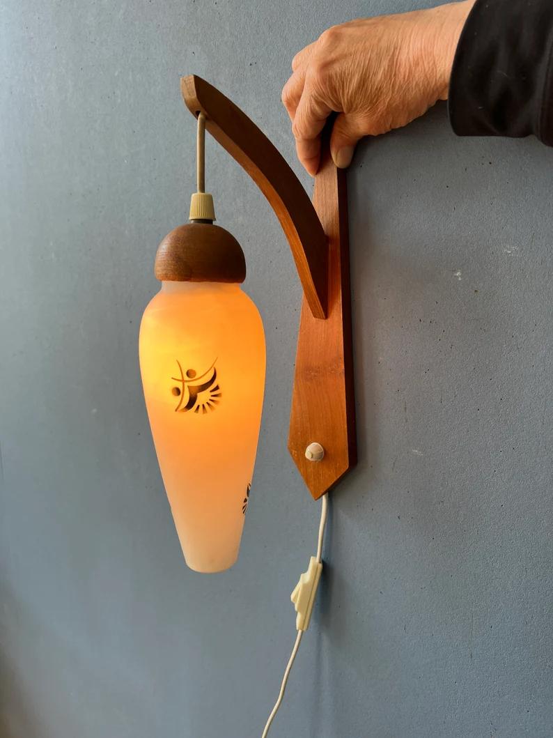 Teak Wood Wall Lamp Danish Opaline Glass Wall Light Mid Century Sconce, 1970s For Sale 1
