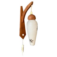 Teak Wood Wall Lamp Danish Opaline Glass Wall Light Mid Century Sconce, 1970s