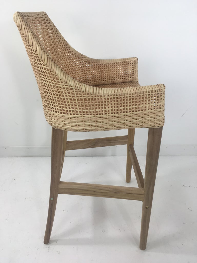 Teak Wooden and Braided Resin Rattan Effect Outdoor Bar Stool For Sale