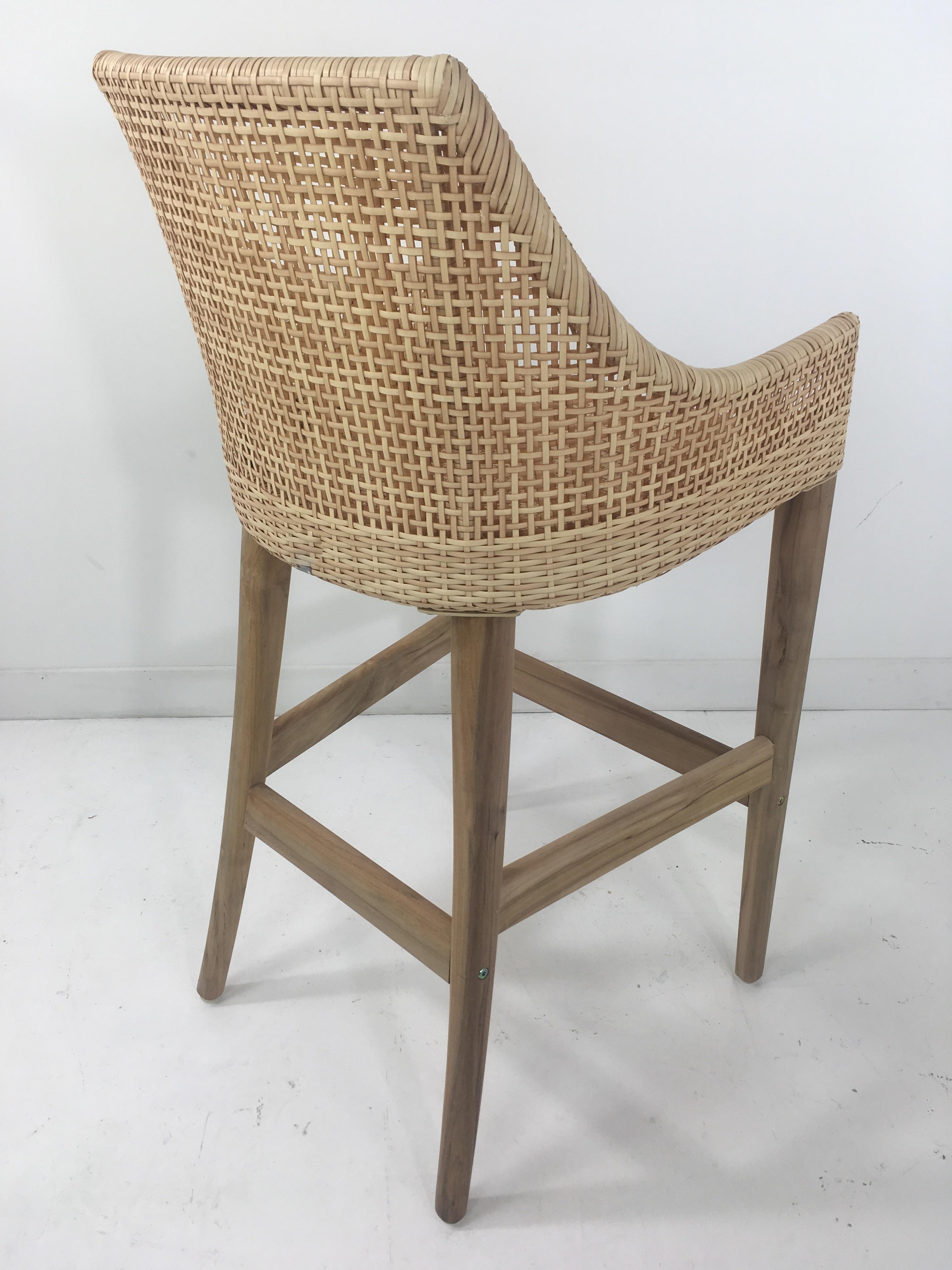 Teak Wooden and Braided Resin Rattan Effect Outdoor Bar Stool For Sale 3