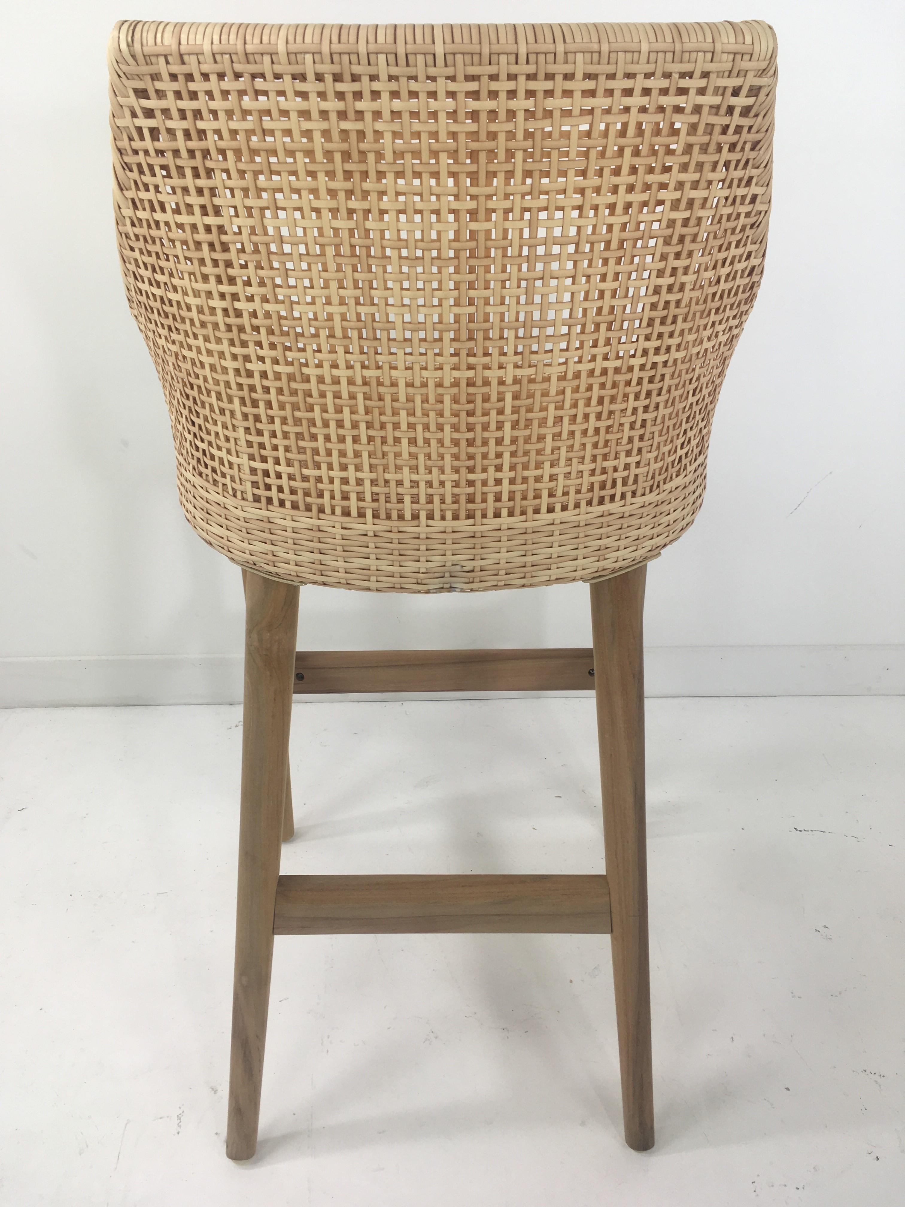 Teak Wooden and Braided Resin Rattan Effect Outdoor Bar Stool For Sale 4