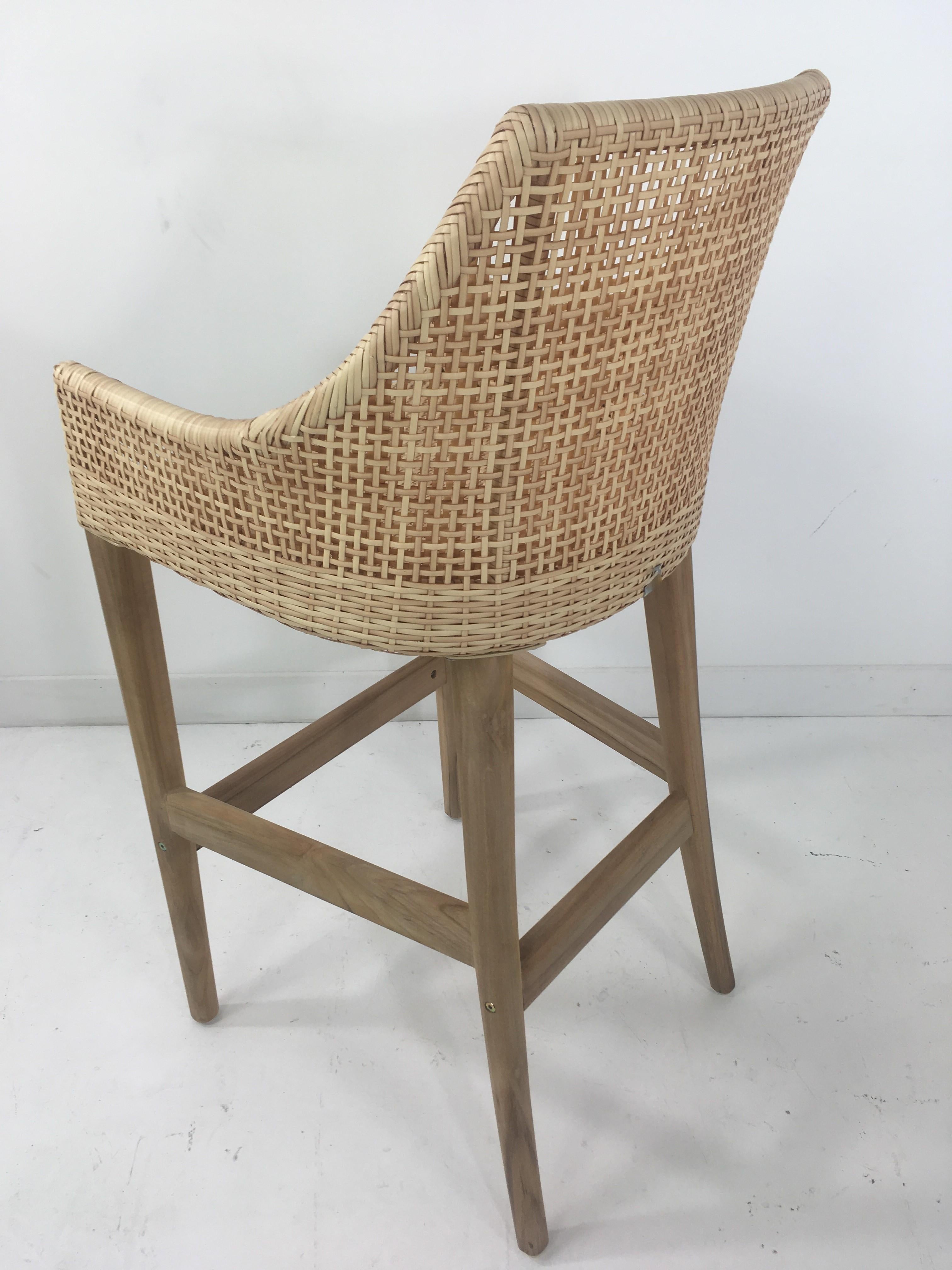 Teak Wooden and Braided Resin Rattan Effect Outdoor Bar Stool For Sale 5