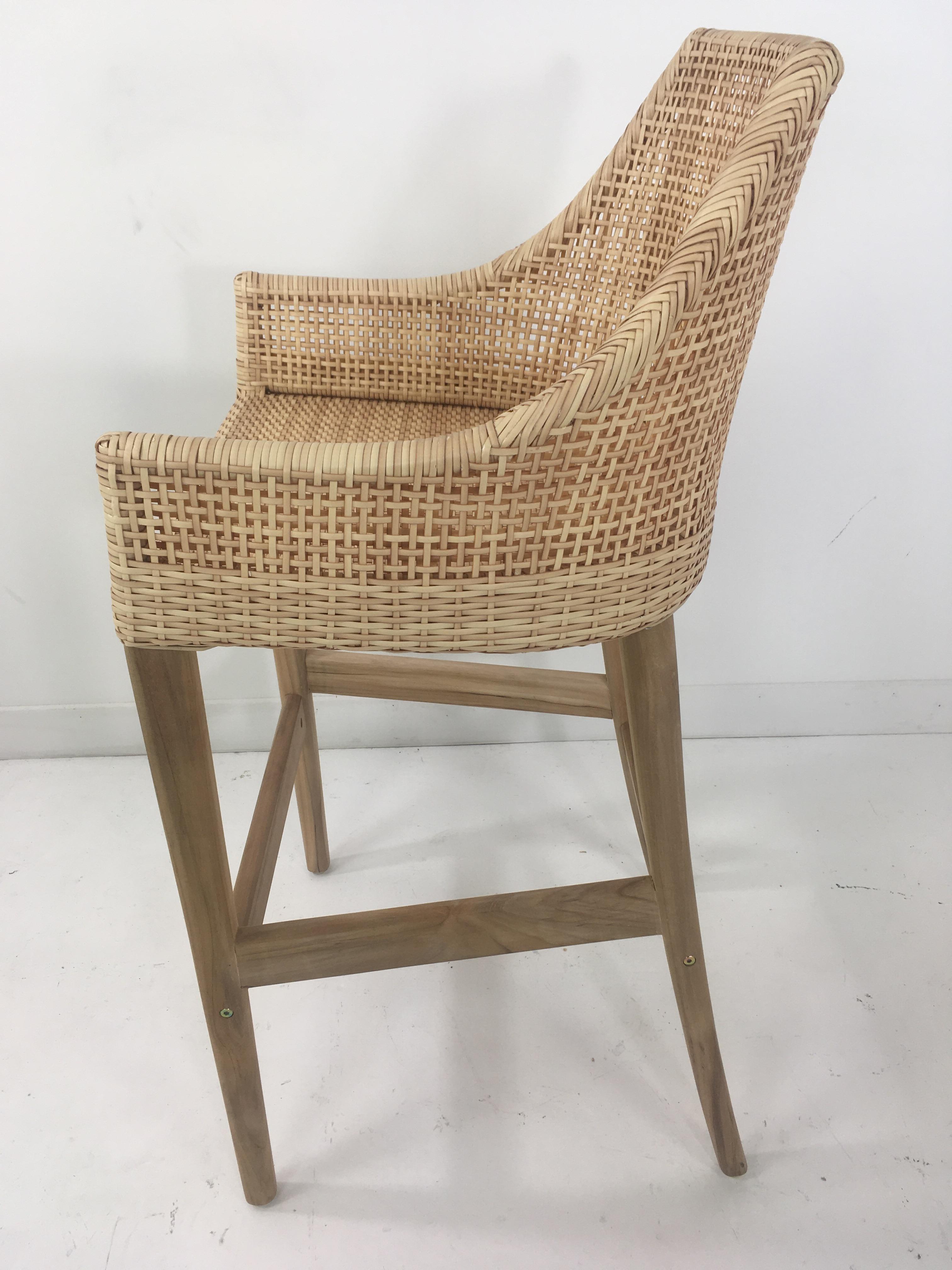 Teak Wooden and Braided Resin Rattan Effect Outdoor Bar Stool For Sale 6
