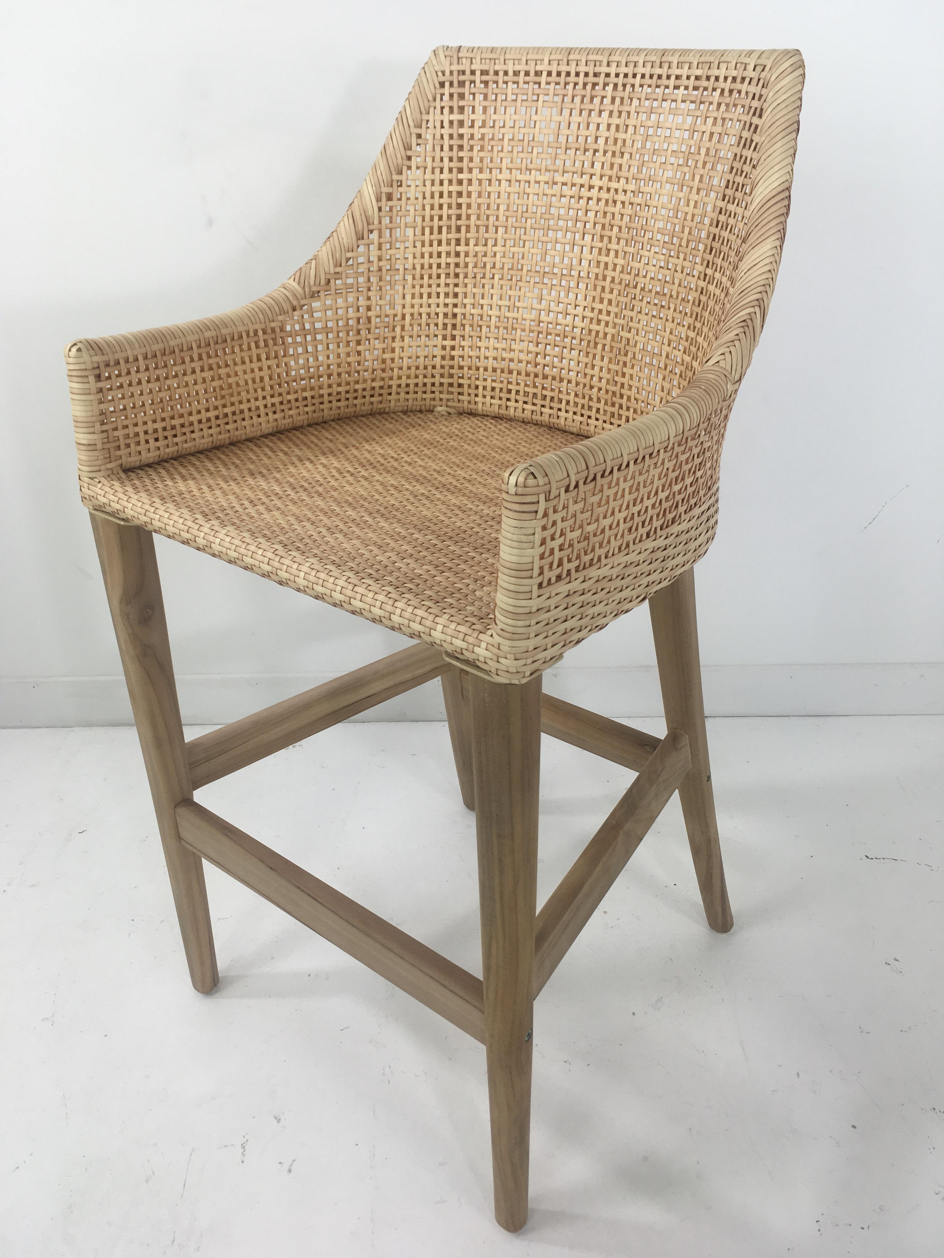 Teak Wooden and Braided Resin Rattan Effect Outdoor Bar Stool For Sale 7