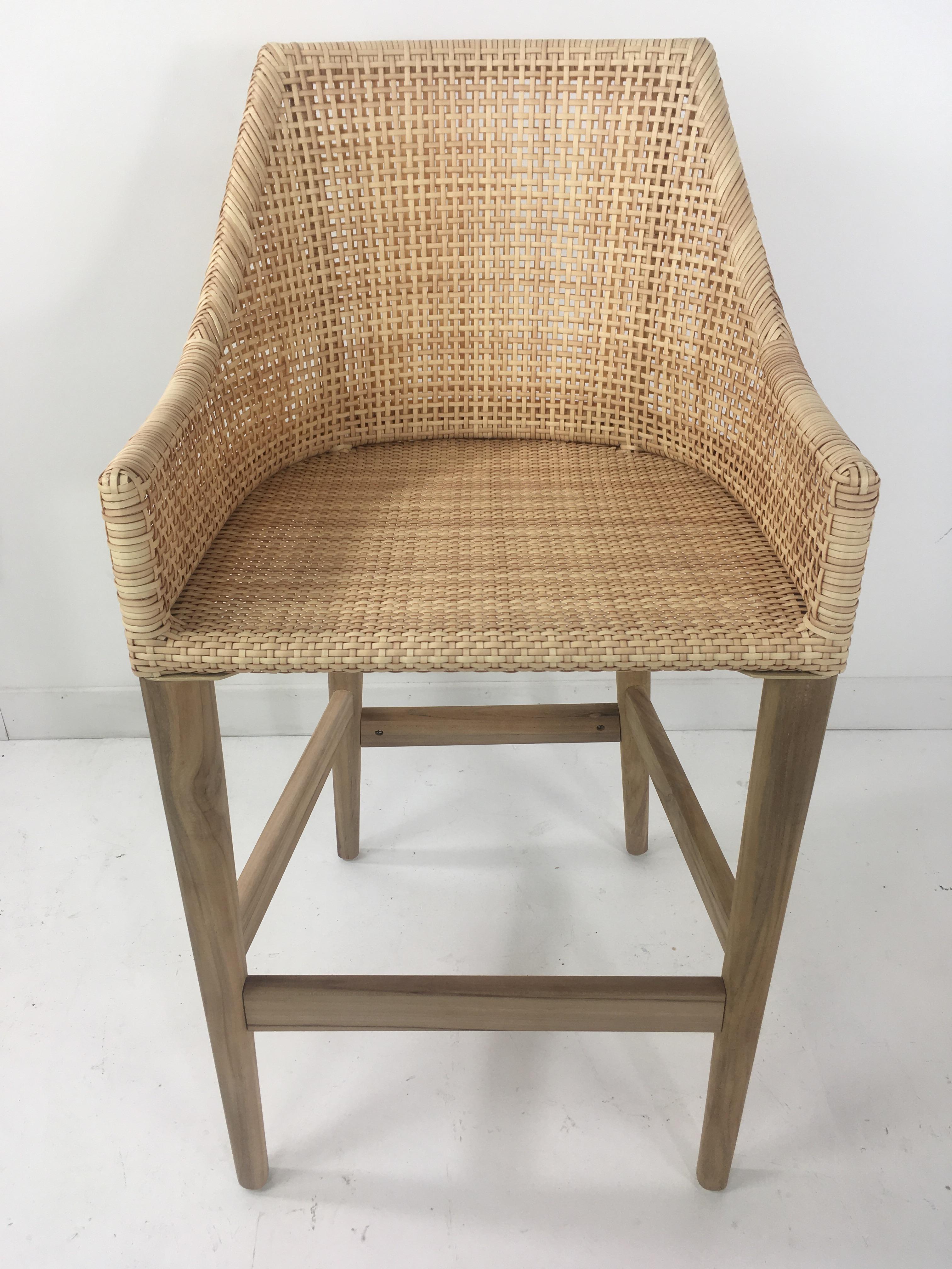 Teak Wooden and Braided Resin Rattan Effect Outdoor Bar Stool For Sale 8