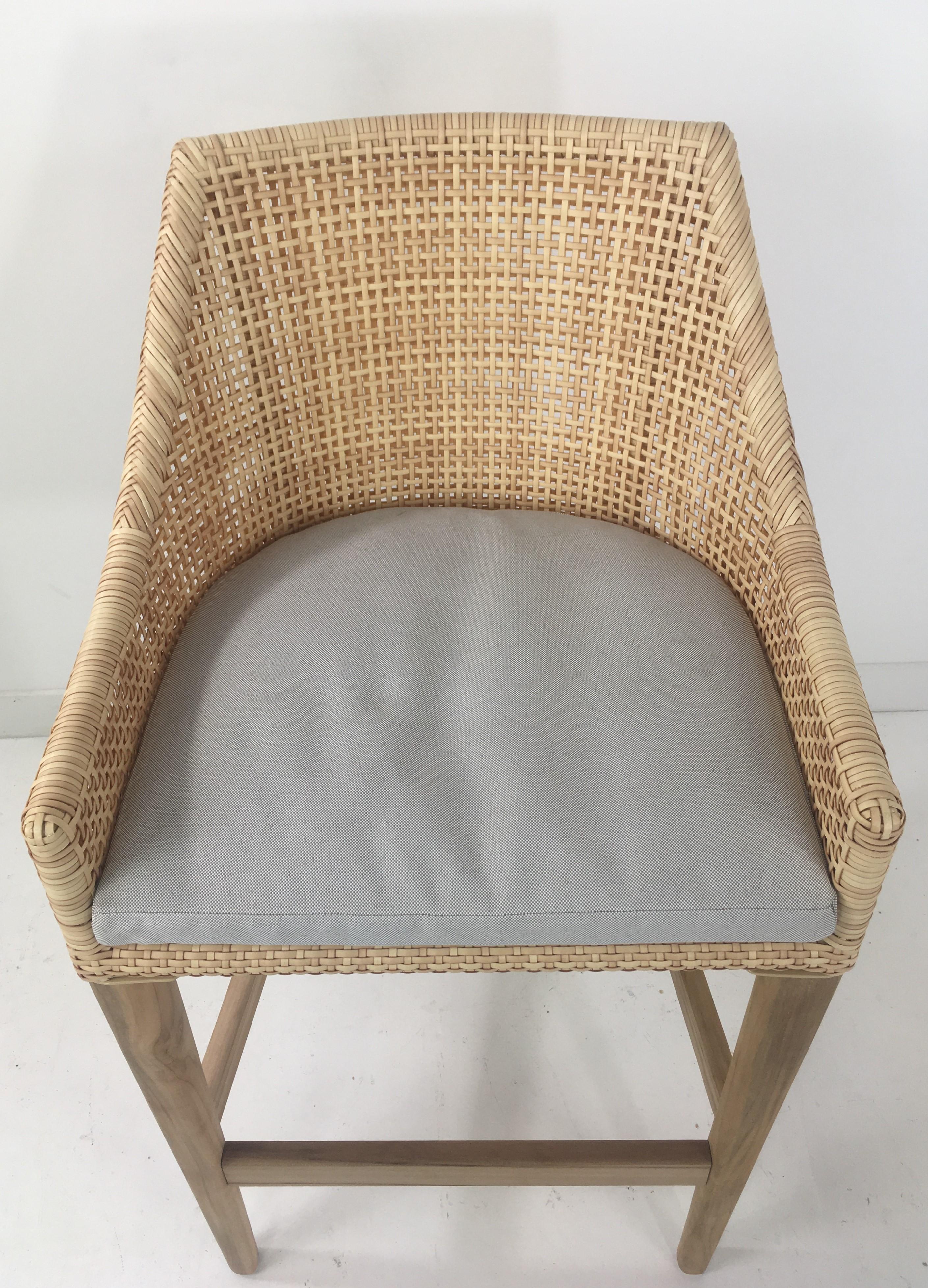Teak Wooden and Braided Resin Rattan Effect Outdoor Bar Stool For Sale 11
