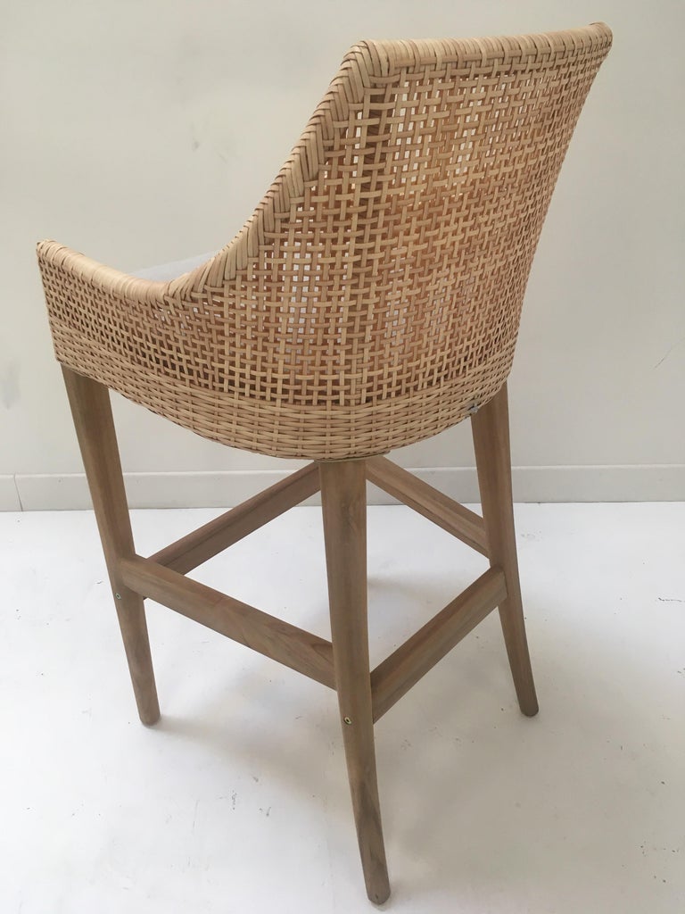 Teak Wooden and Braided Resin Rattan Effect Outdoor Bar Stool For Sale
