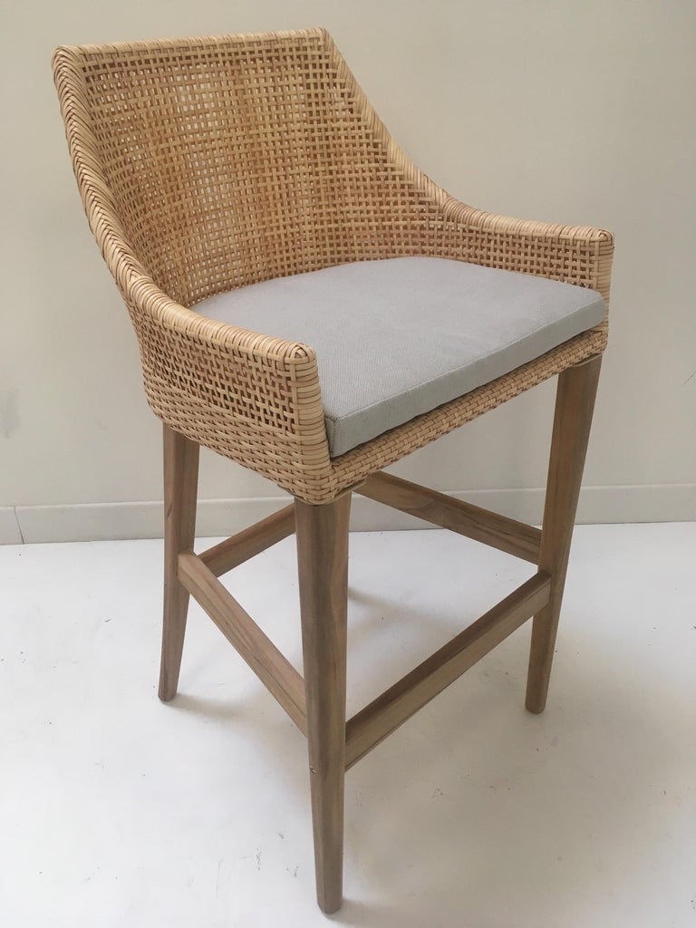Teak Wooden and Braided Resin Rattan Effect Outdoor Bar Stool For Sale ...
