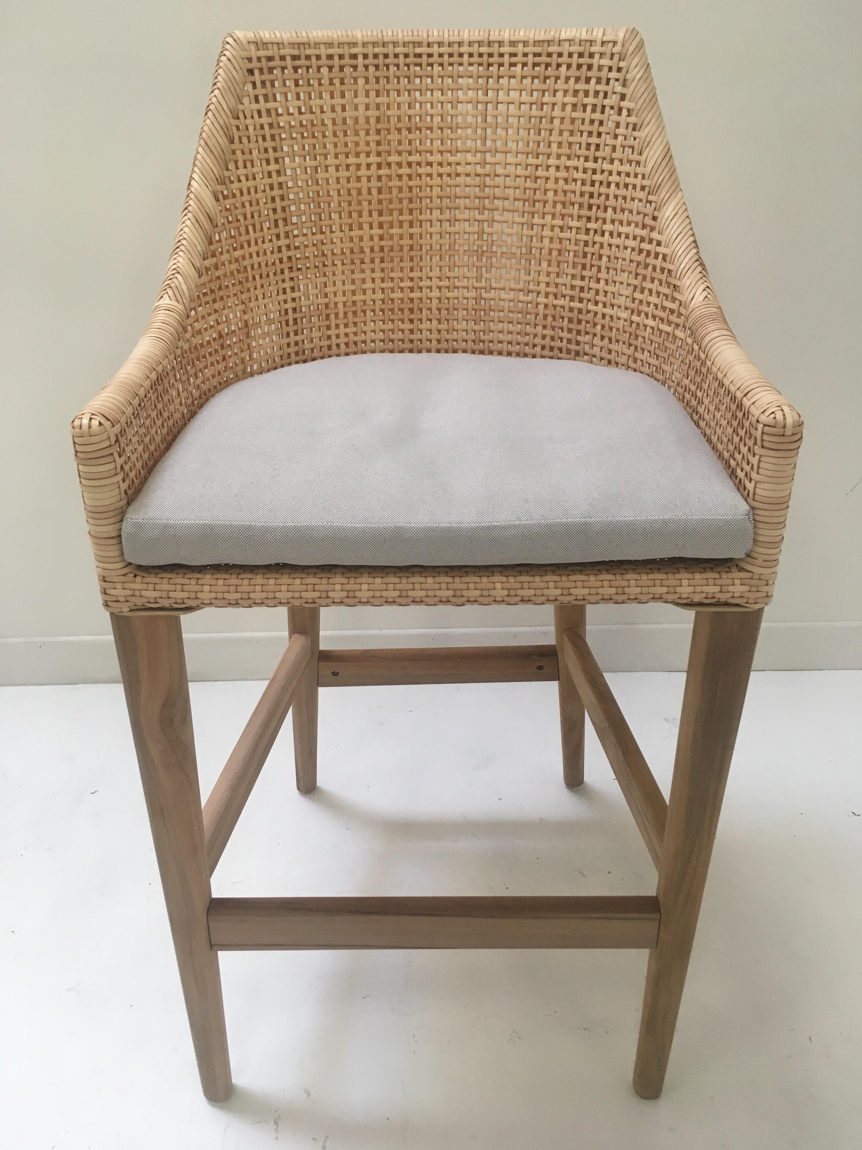 Scandinavian Modern Teak Wooden and Braided Resin Rattan Effect Outdoor Bar Stool For Sale