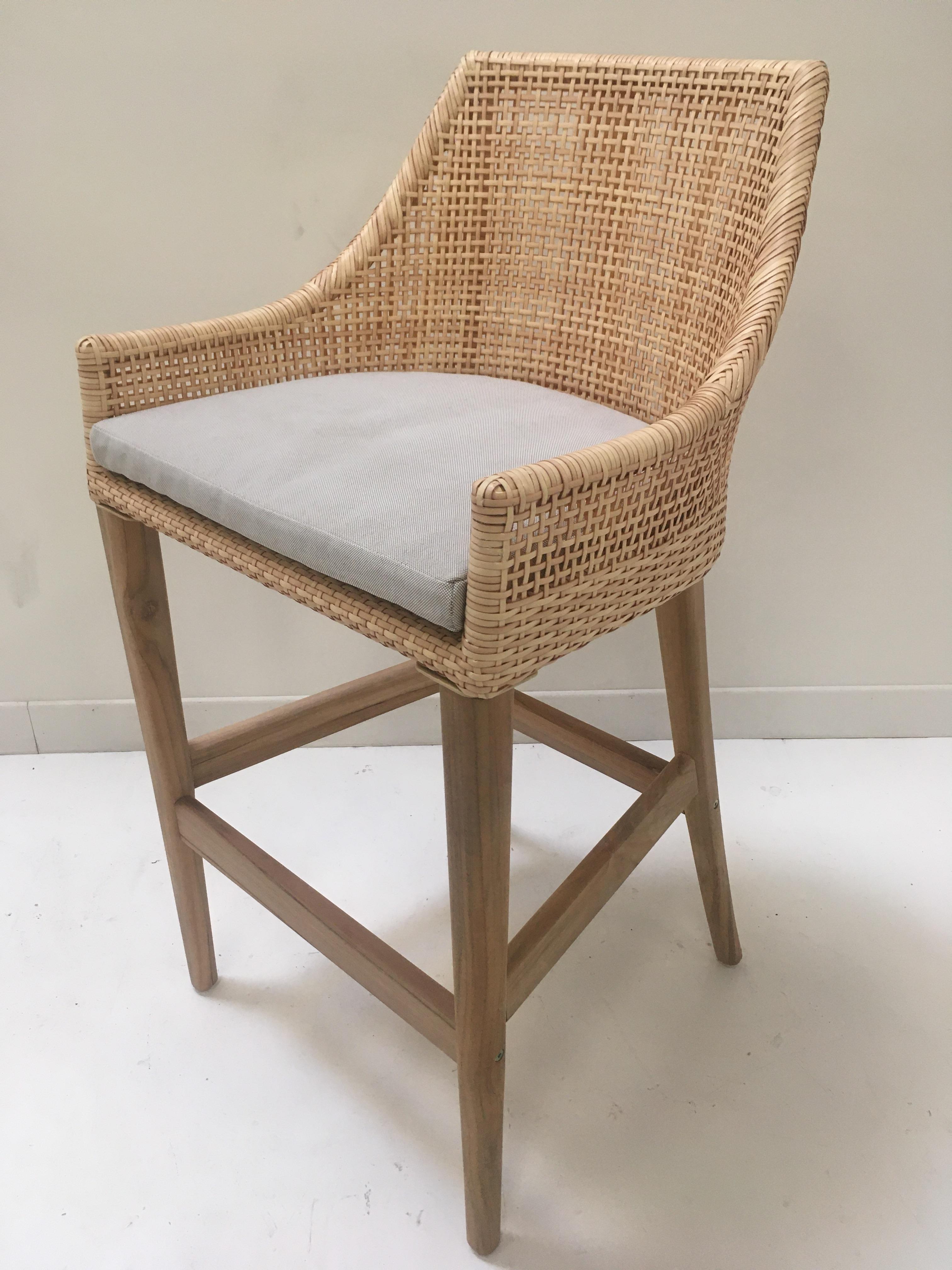 French Teak Wooden and Braided Resin Rattan Effect Outdoor Bar Stool For Sale