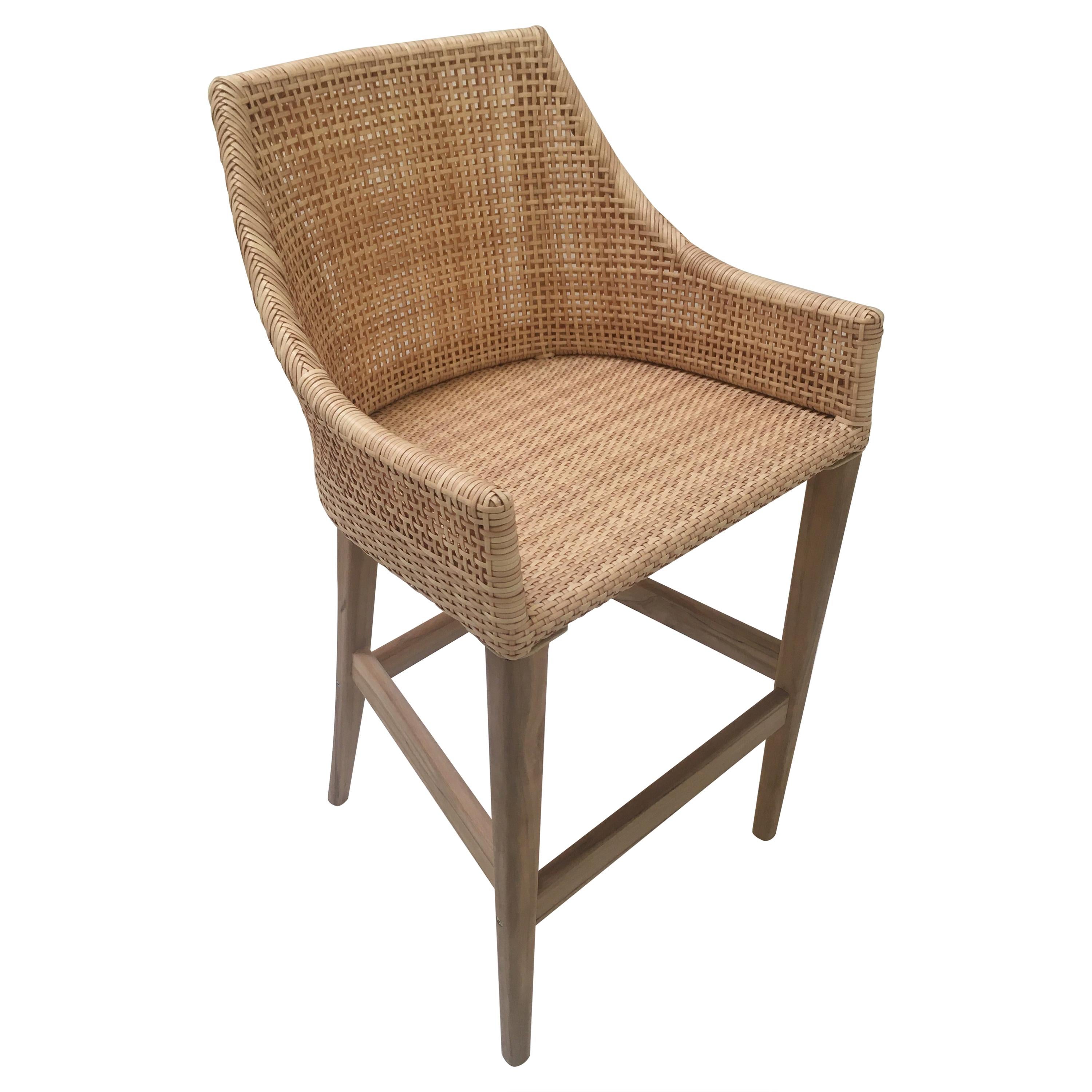 Teak Wooden and Braided Resin Rattan Effect Outdoor Bar Stool For Sale
