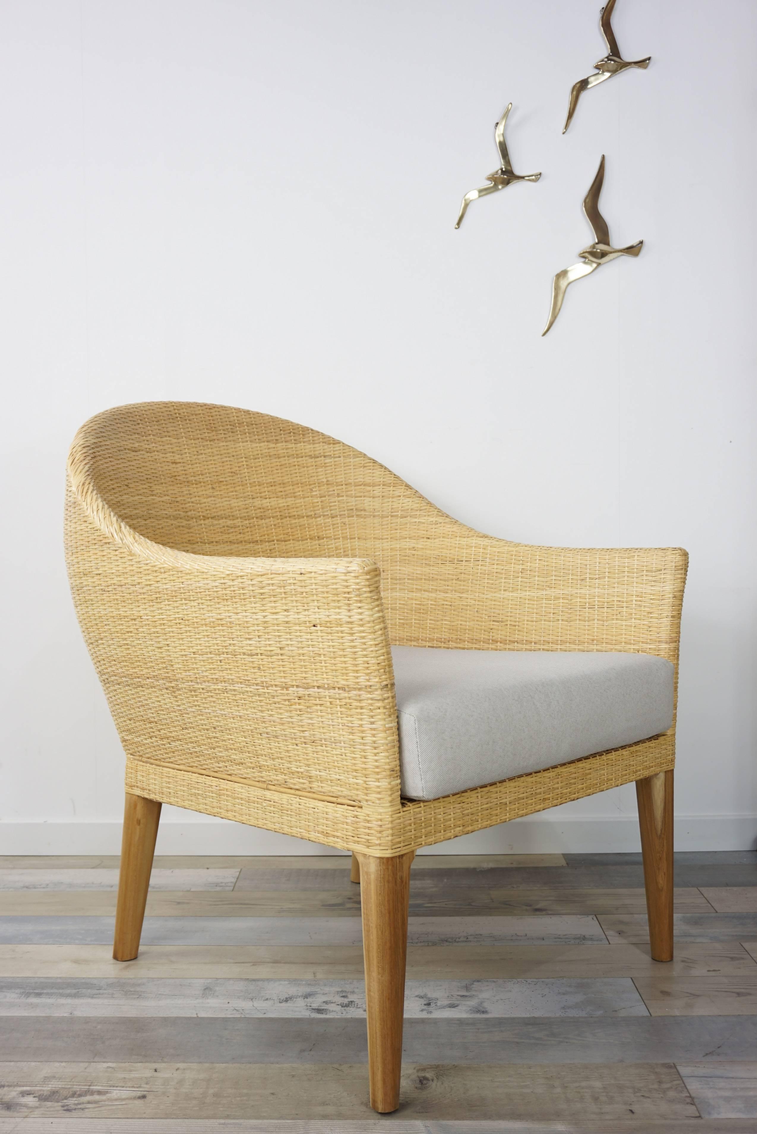 Contemporary Teak Wooden And Rattan Armchairs French Design For Sale