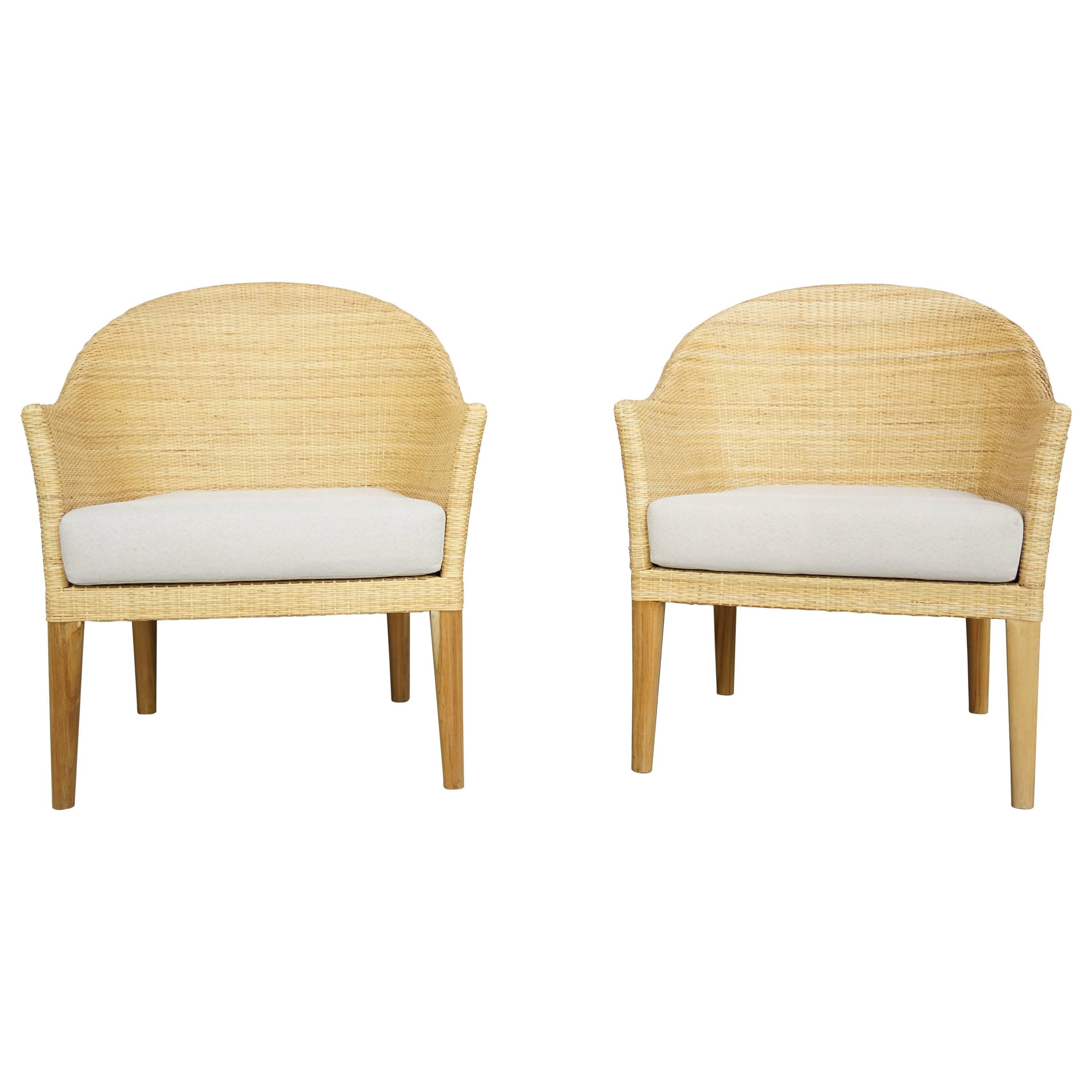 Teak Wooden And Rattan Armchairs French Design