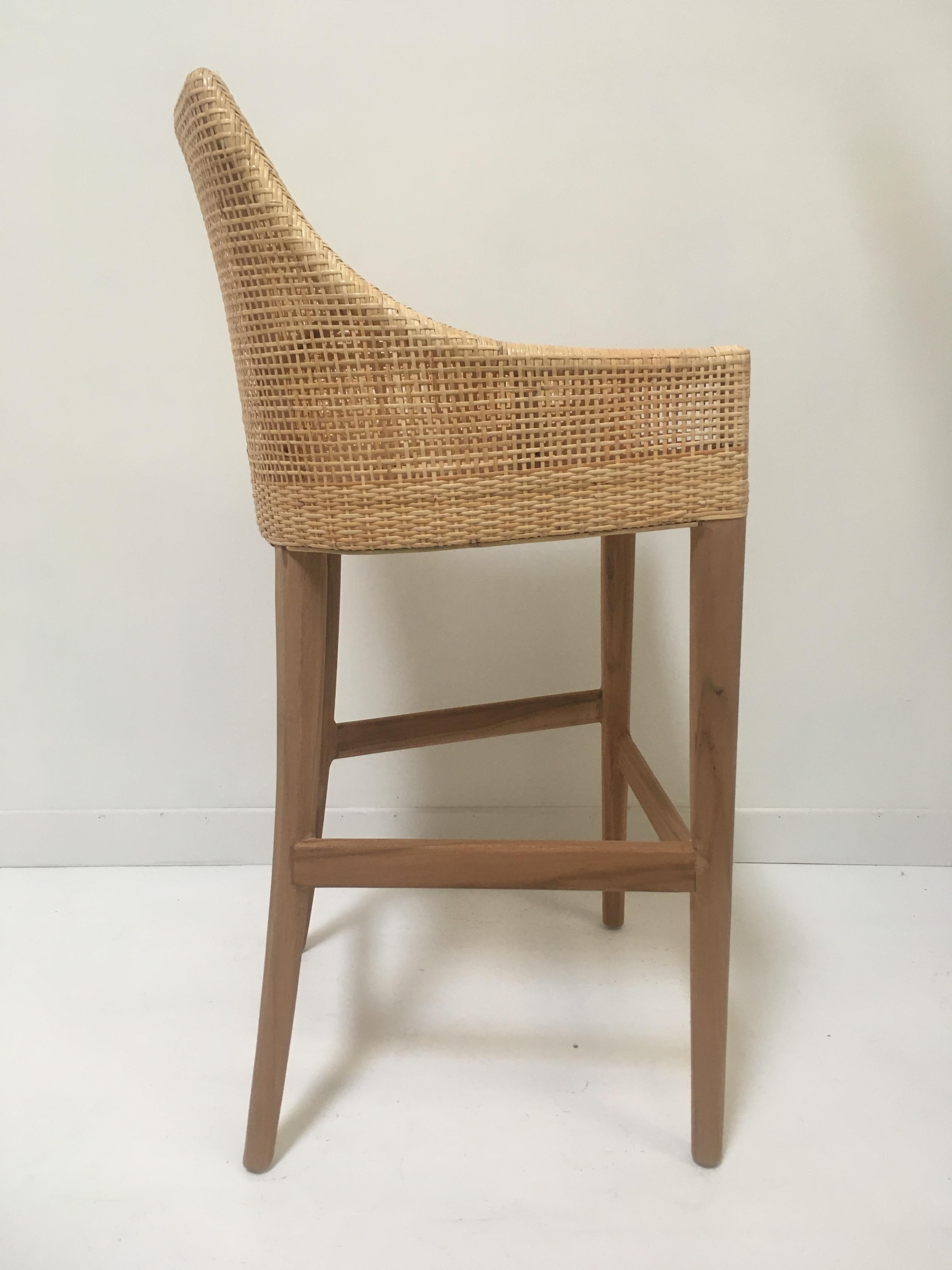 French Teak Wooden and Rattan Bar Stool For Sale