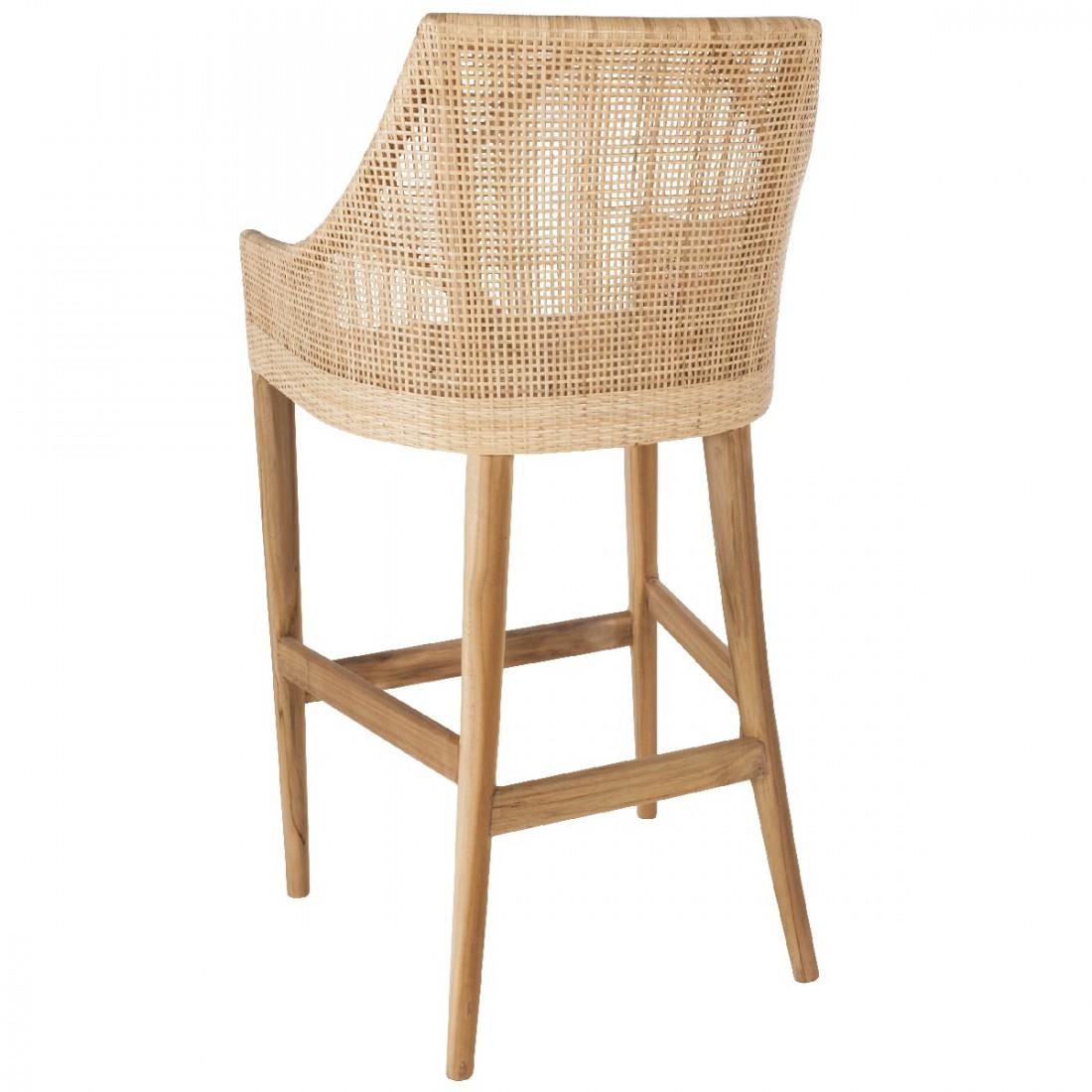 Elegant French design bar stools with a teak wooden structure and a braided rattan seating shell combining quality, robustness and class. Comfortable and ergonomic, aerial and poetic. The armrests height is 62cm and the seat height is 71cm. In