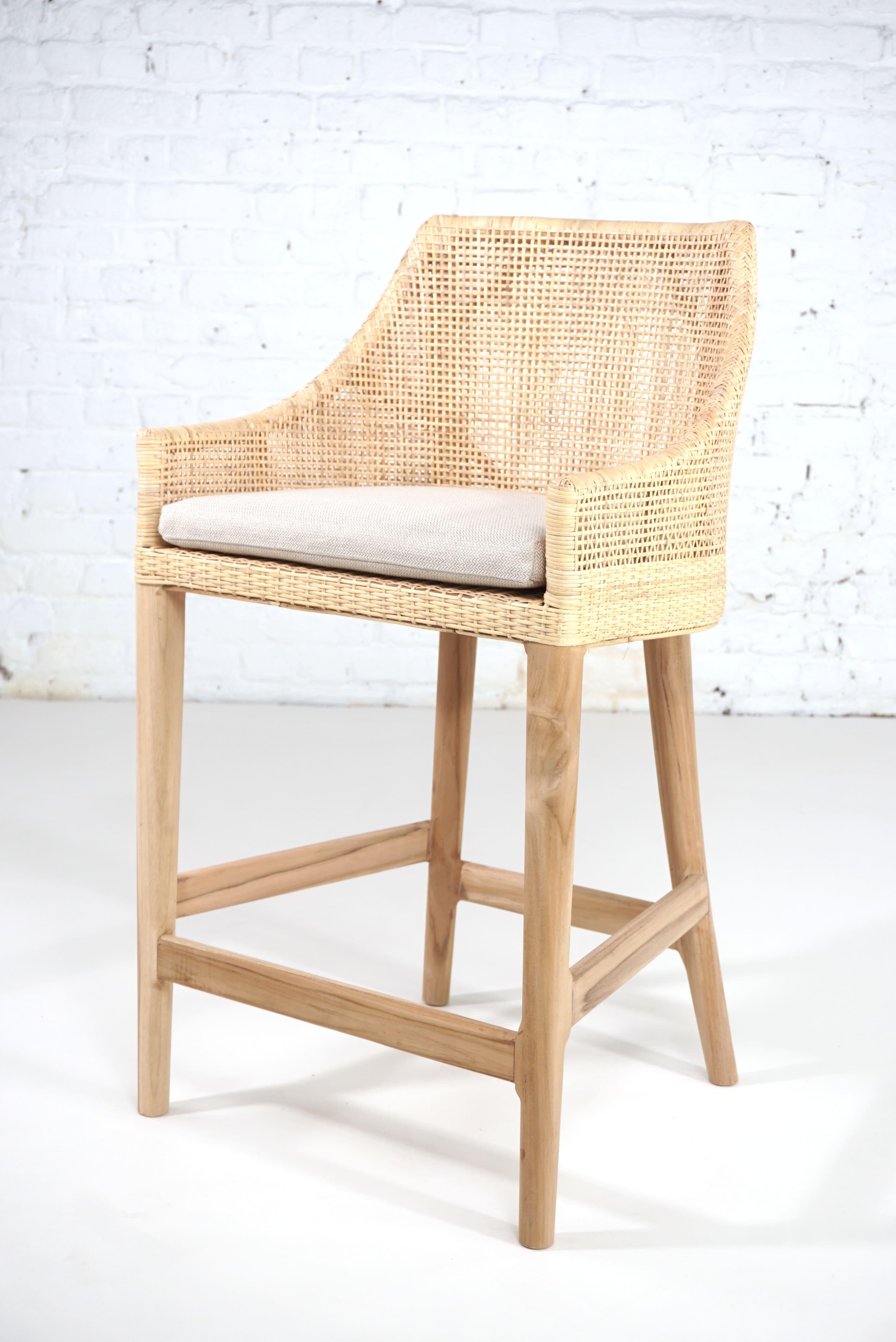 Contemporary Teak Wooden and Rattan Counter Stool For Sale