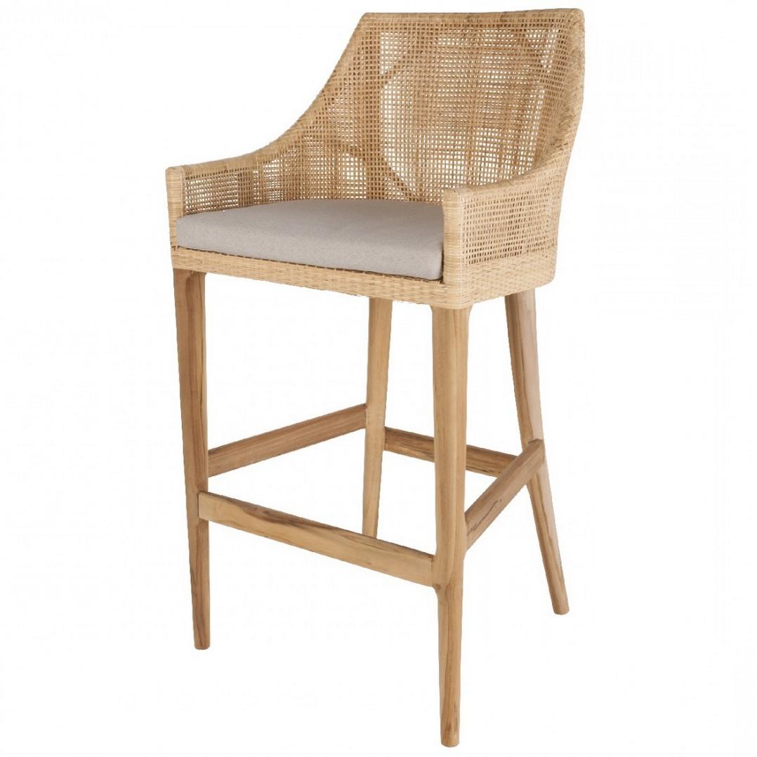 Elegant French design bar stools with teak wooden structure and braided rattan seating shell combining quality, robustness and class. Comfortable and ergonomic, aerial and poetic. The armrests height is 82cm and the seat height is 71cm. In excellent
