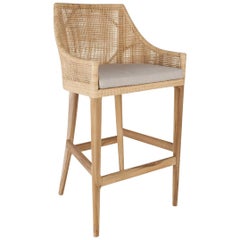 Teak Wooden and Rattan Pair of Bar Stools French Design