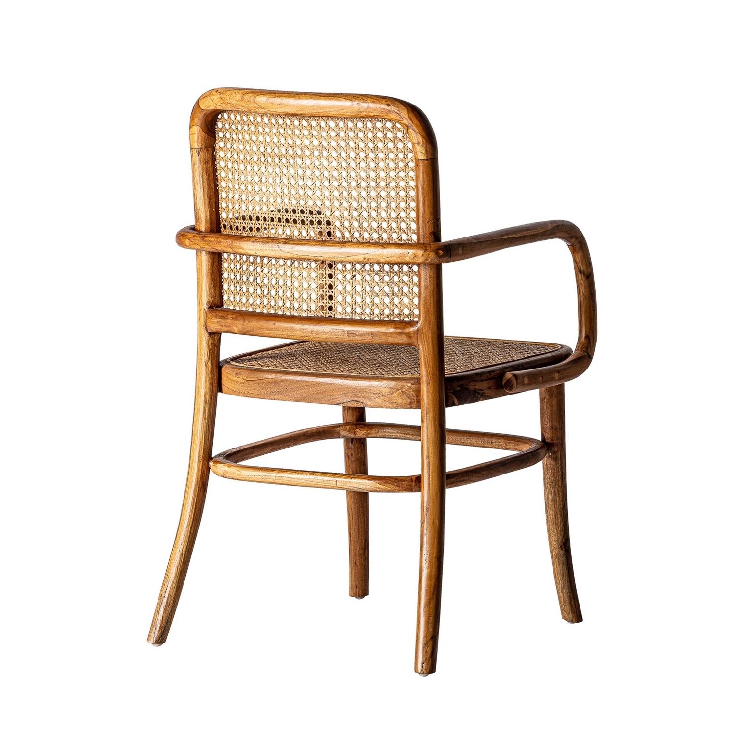 Bistro design style teak curved wooden and rattan wicker cane armchair.