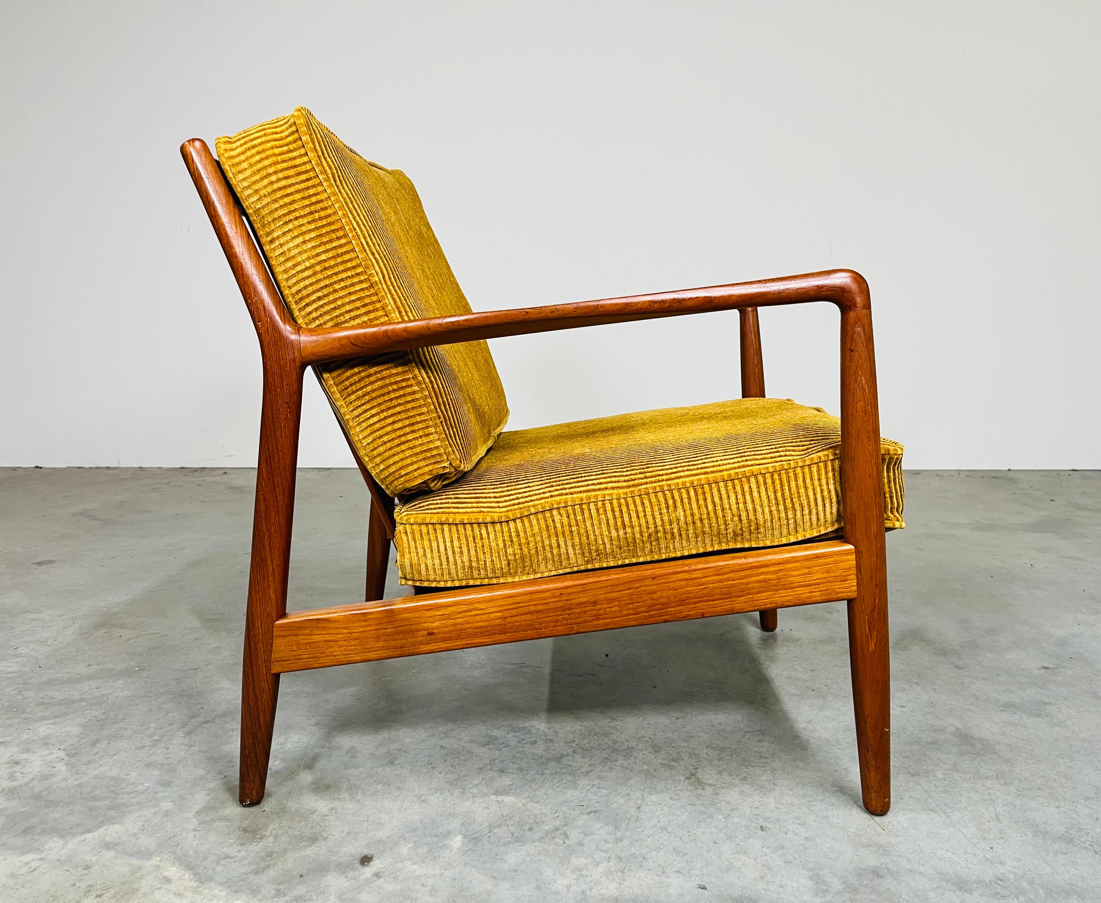 Scandinavian Modern Teak Yellow Velvet Corduroy Lounge Chair By Folke Ohlsson For DUX -Sweden 1950s For Sale