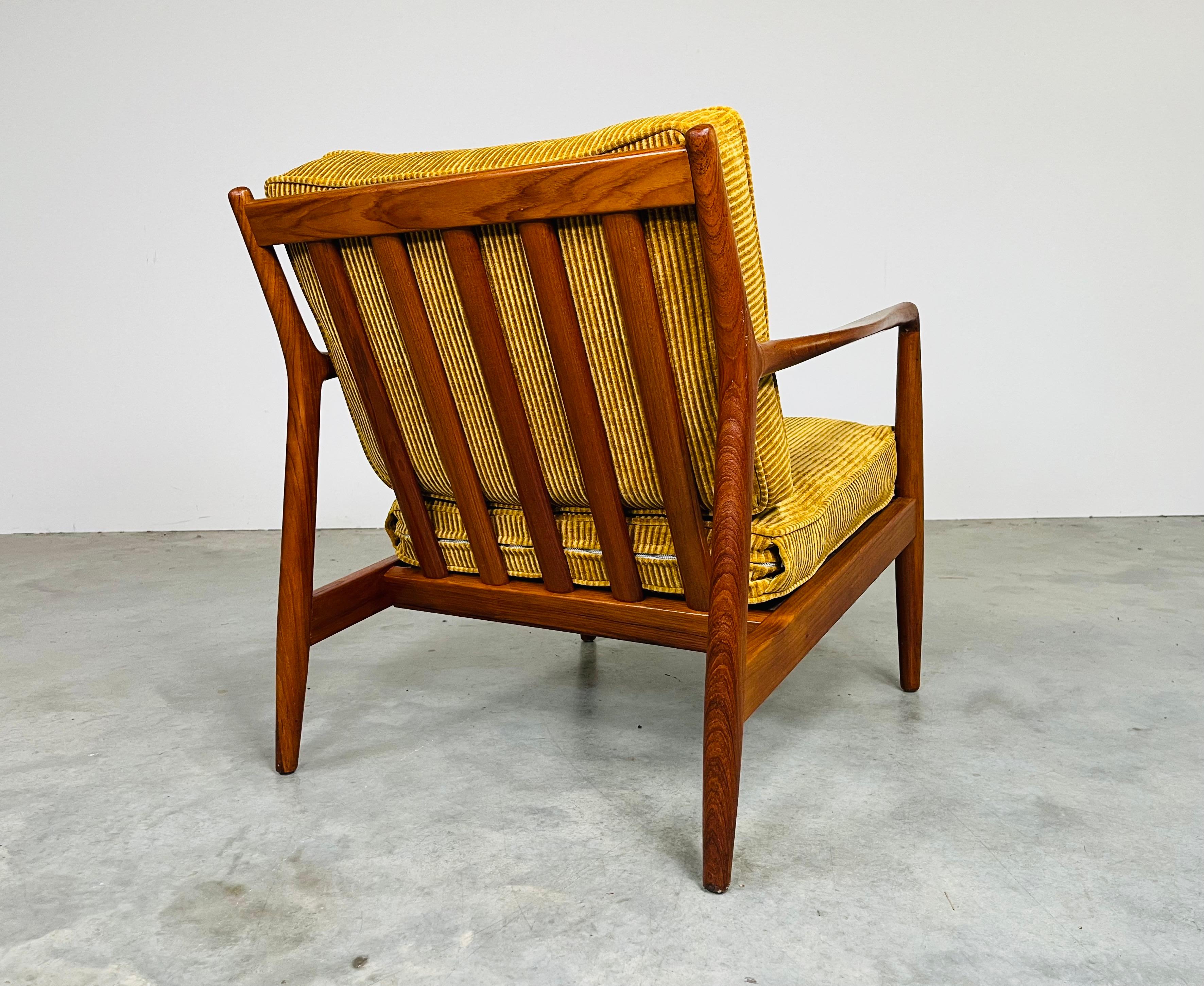 Swedish Teak Yellow Velvet Corduroy Lounge Chair By Folke Ohlsson For DUX -Sweden 1950s For Sale