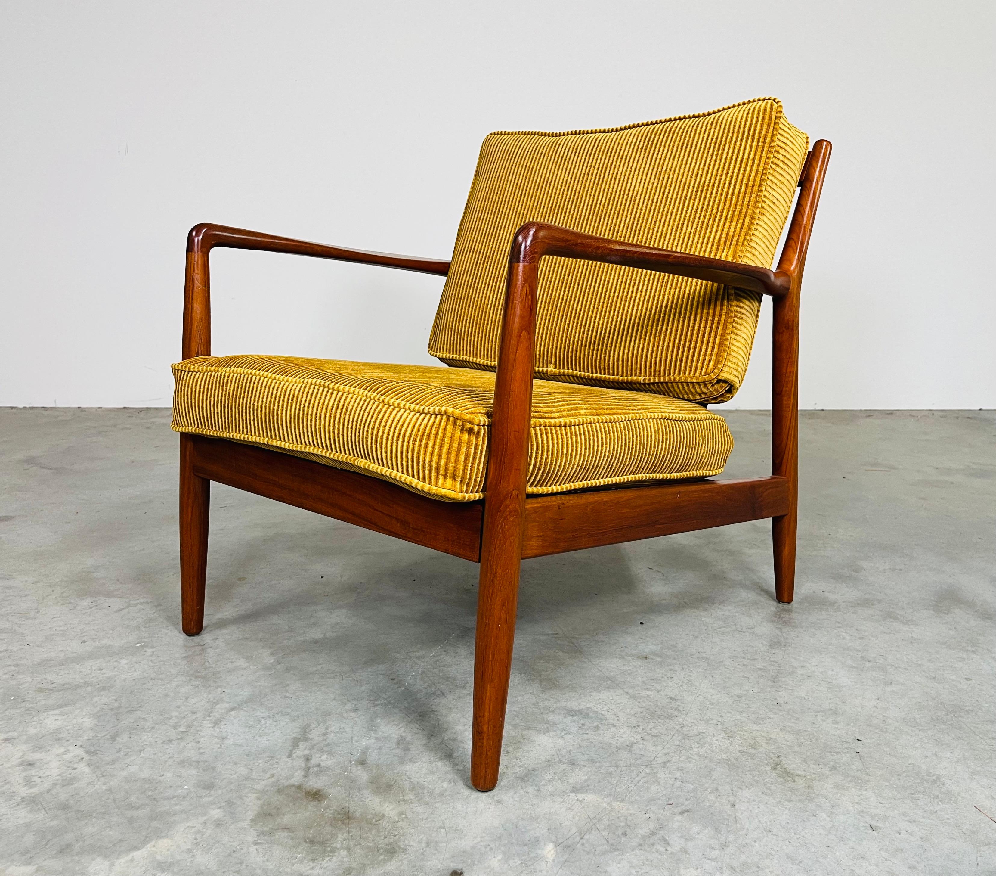 Hand-Carved Teak Yellow Velvet Corduroy Lounge Chair By Folke Ohlsson For DUX -Sweden 1950s For Sale