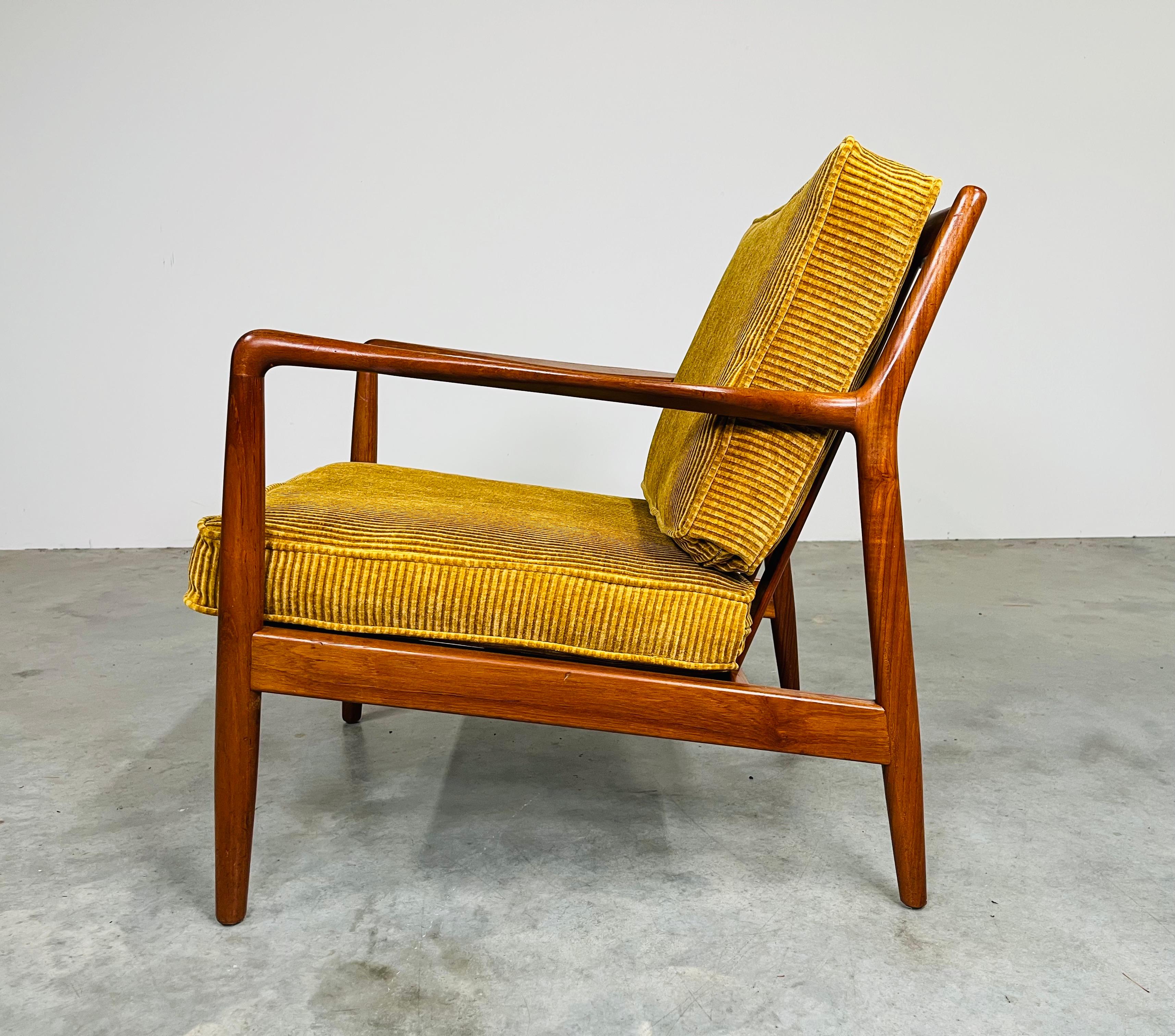 Teak Yellow Velvet Corduroy Lounge Chair By Folke Ohlsson For DUX -Sweden 1950s In Excellent Condition For Sale In Southampton, NJ