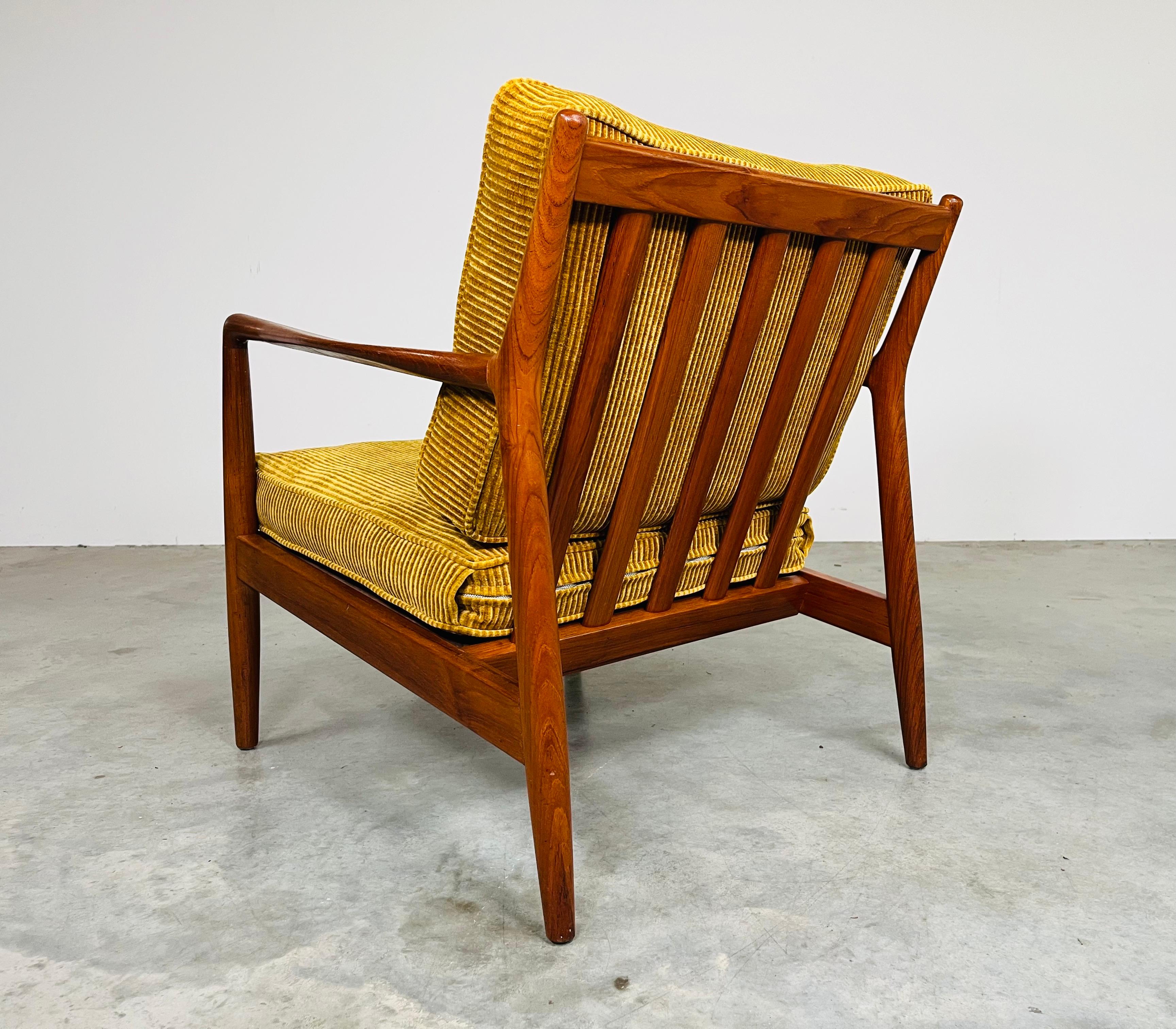 20th Century Teak Yellow Velvet Corduroy Lounge Chair By Folke Ohlsson For DUX -Sweden 1950s For Sale