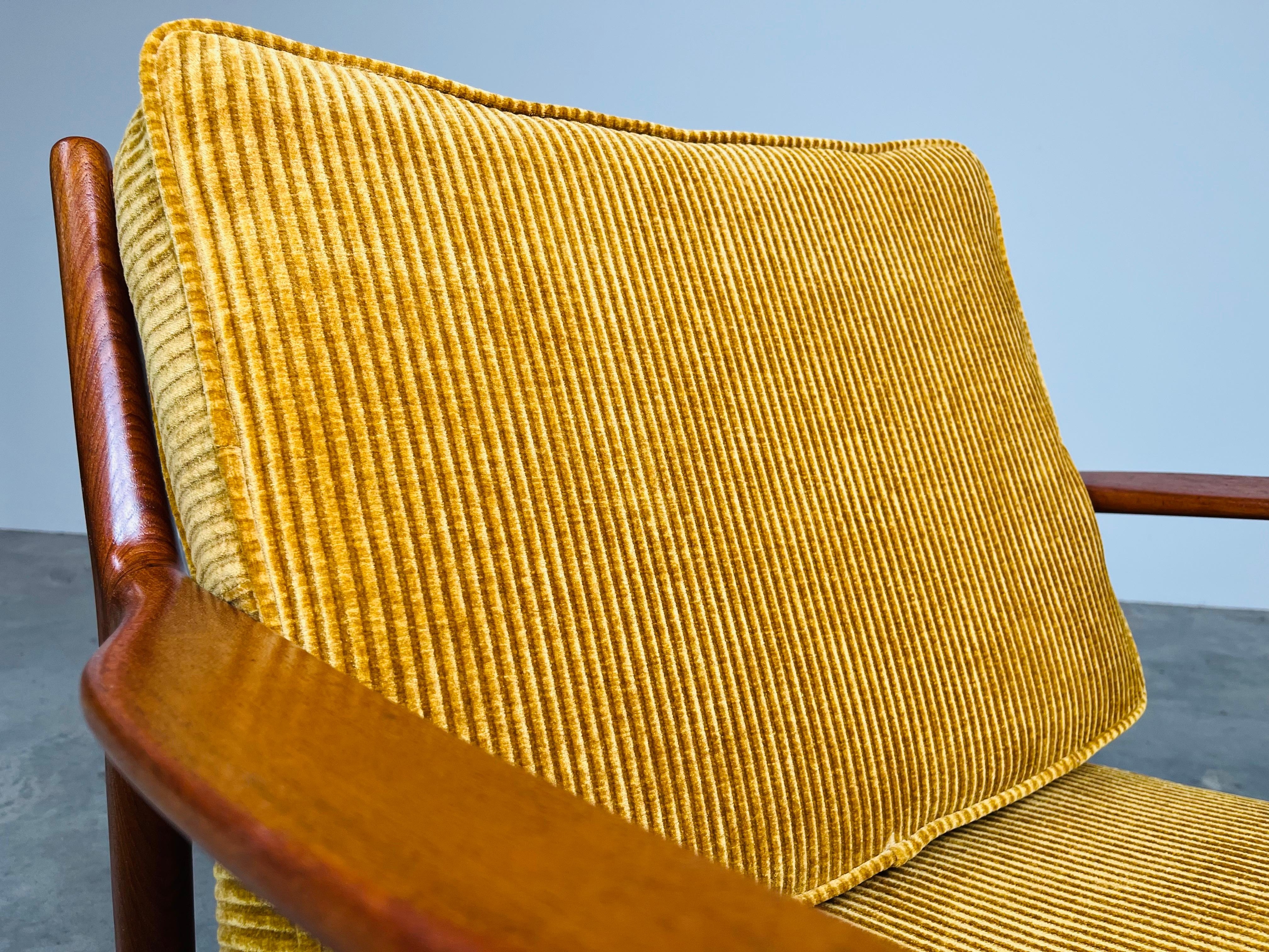 Stainless Steel Teak Yellow Velvet Corduroy Lounge Chair By Folke Ohlsson For DUX -Sweden 1950s For Sale