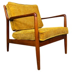 Teak Yellow Velvet Corduroy Lounge Chair By Folke Ohlsson For DUX -Sweden 1950s