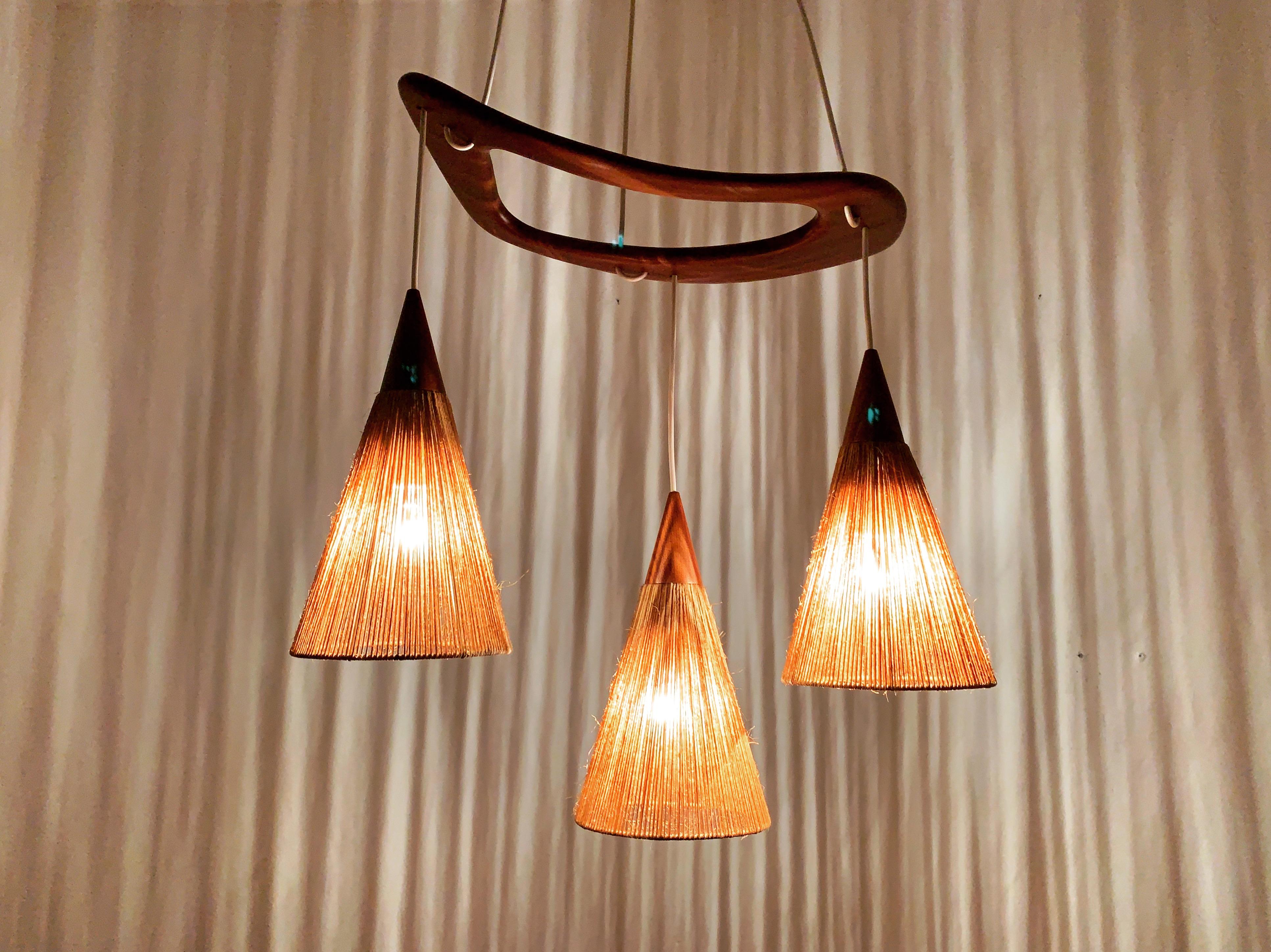 Teakwood and Raffia Bast Cascading Lamp by Jean Rispal For Sale 5