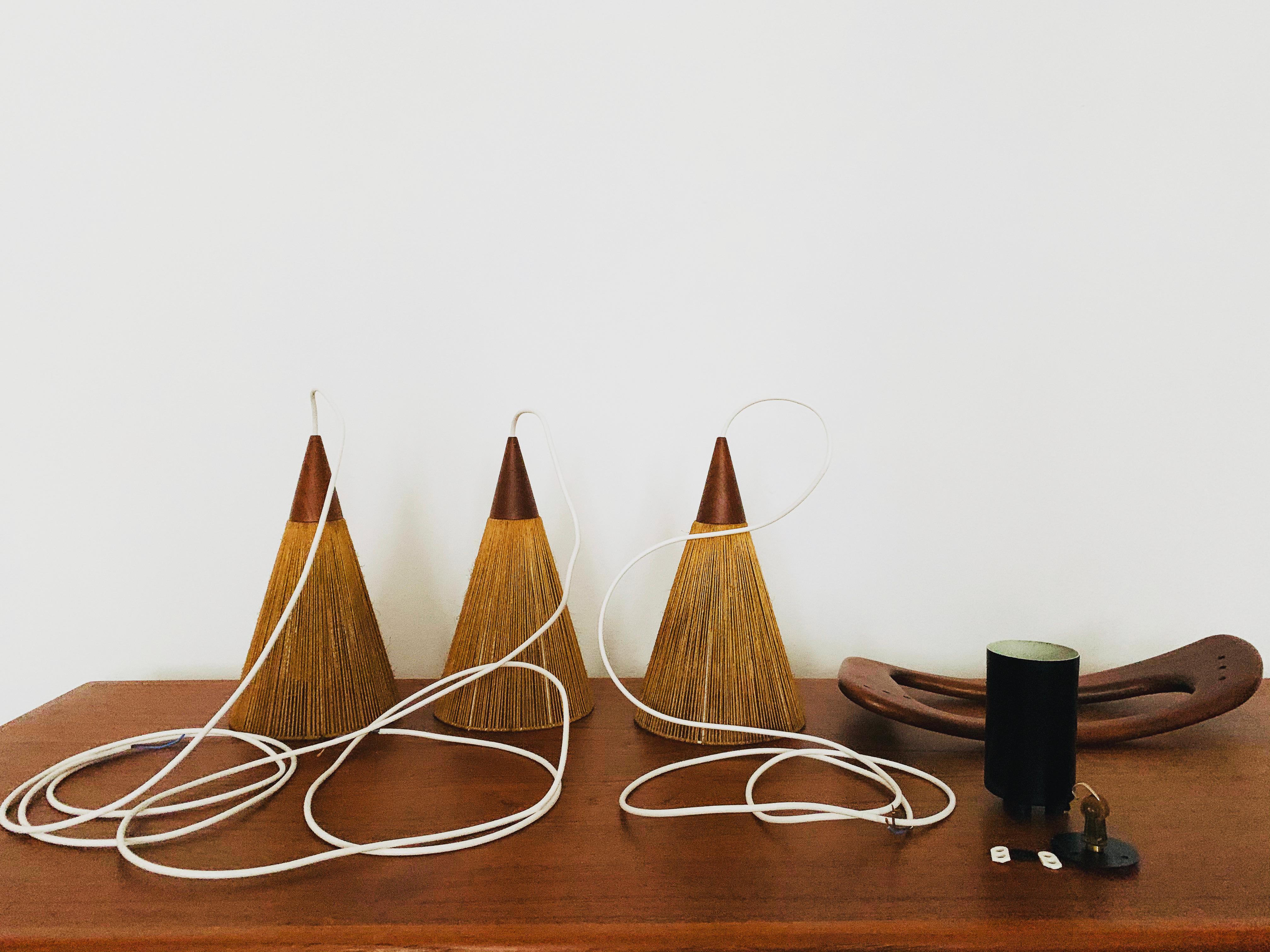 Teakwood and Raffia Bast Cascading Lamp by Jean Rispal For Sale 6