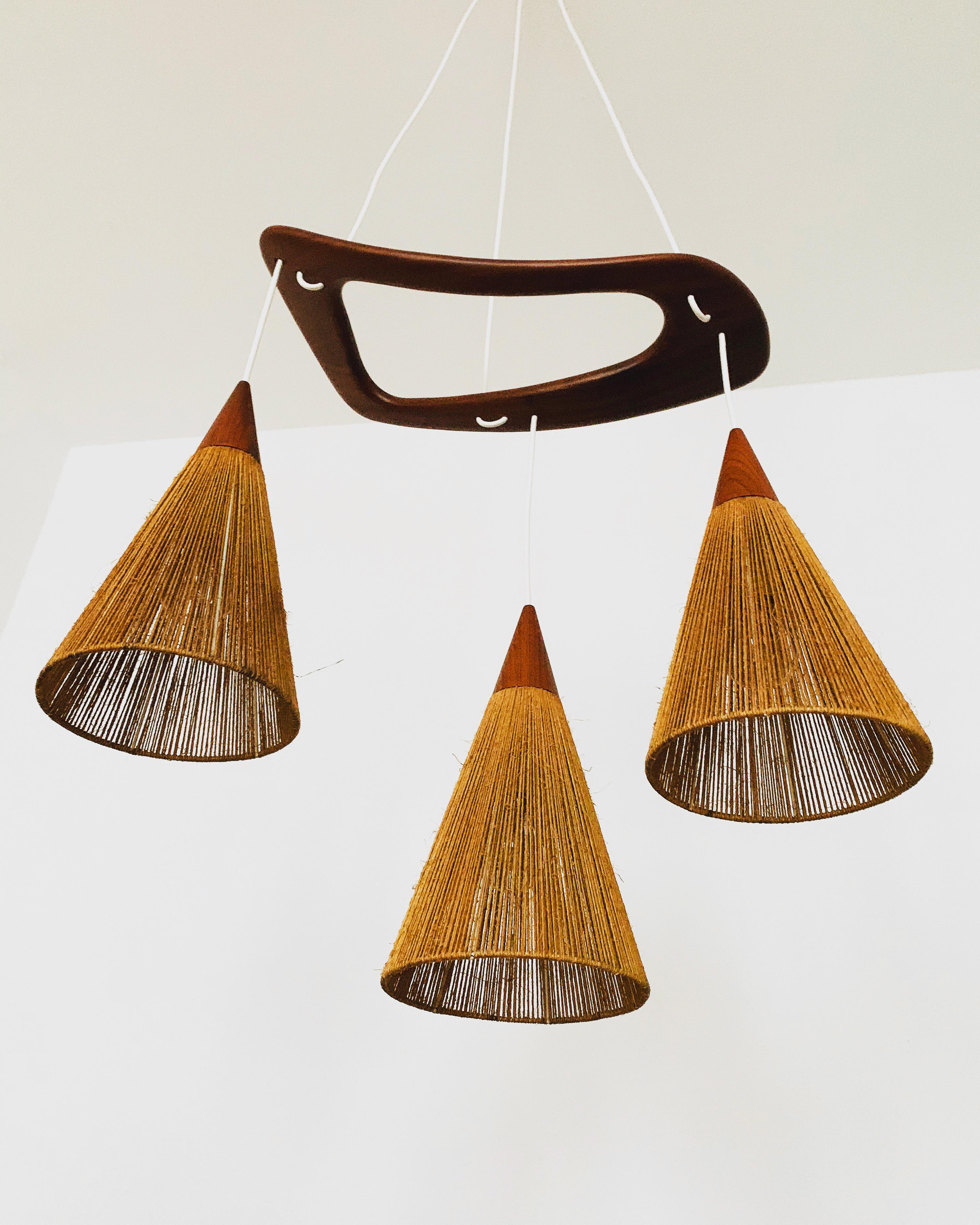 Scandinavian Modern Teakwood and Raffia Bast Cascading Lamp by Jean Rispal For Sale