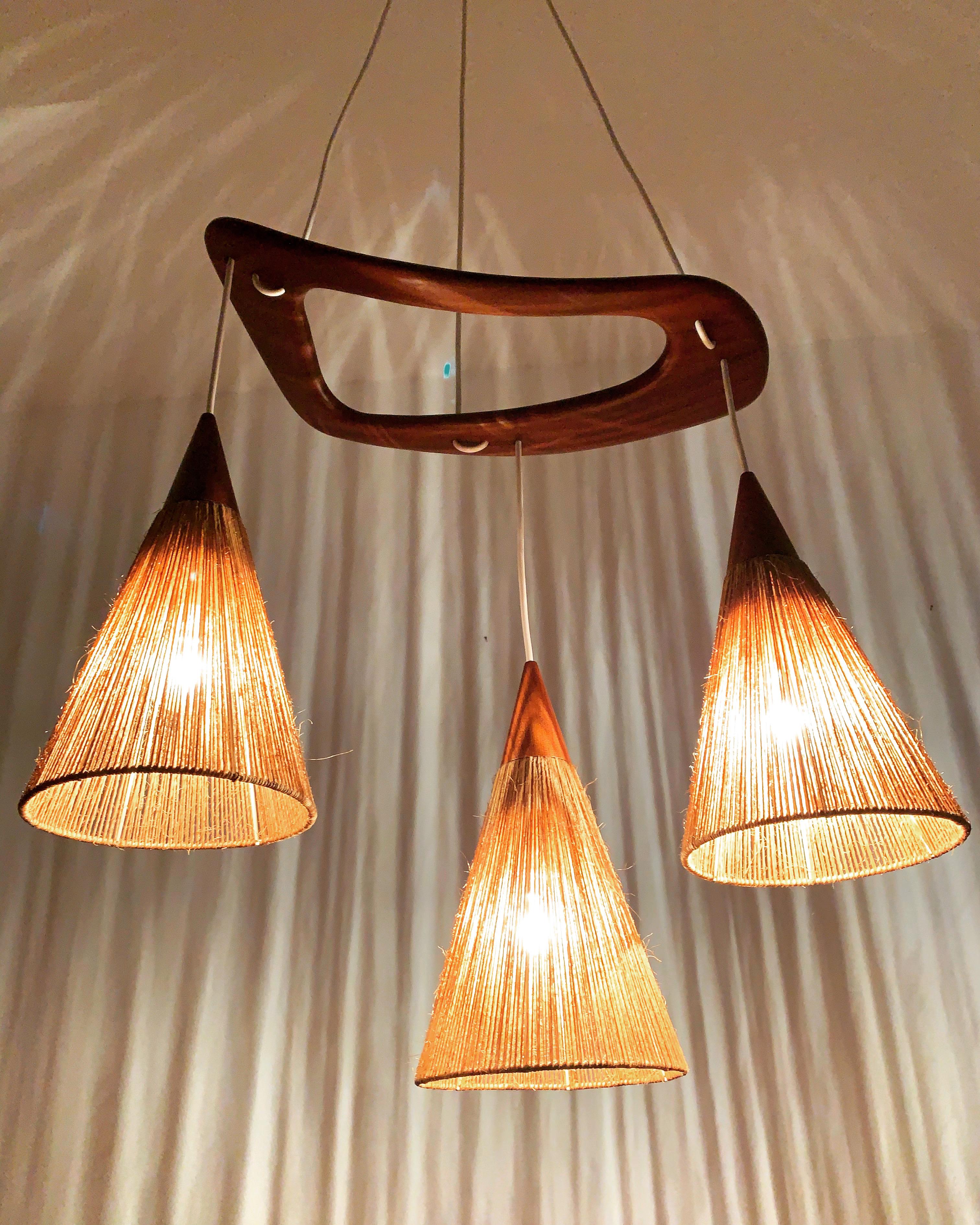 Teakwood and Raffia Bast Cascading Lamp by Jean Rispal For Sale 1